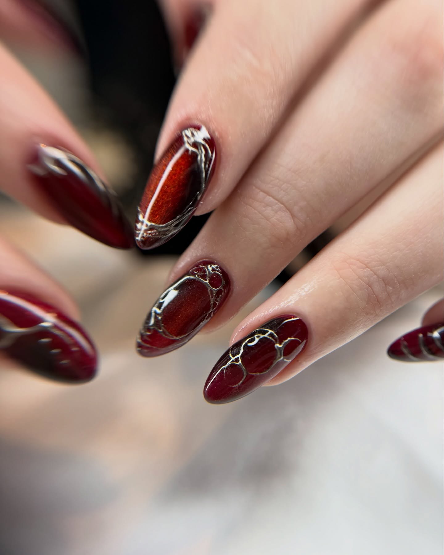 Burgundy Chrome Stiletto With Silver Swirl Art