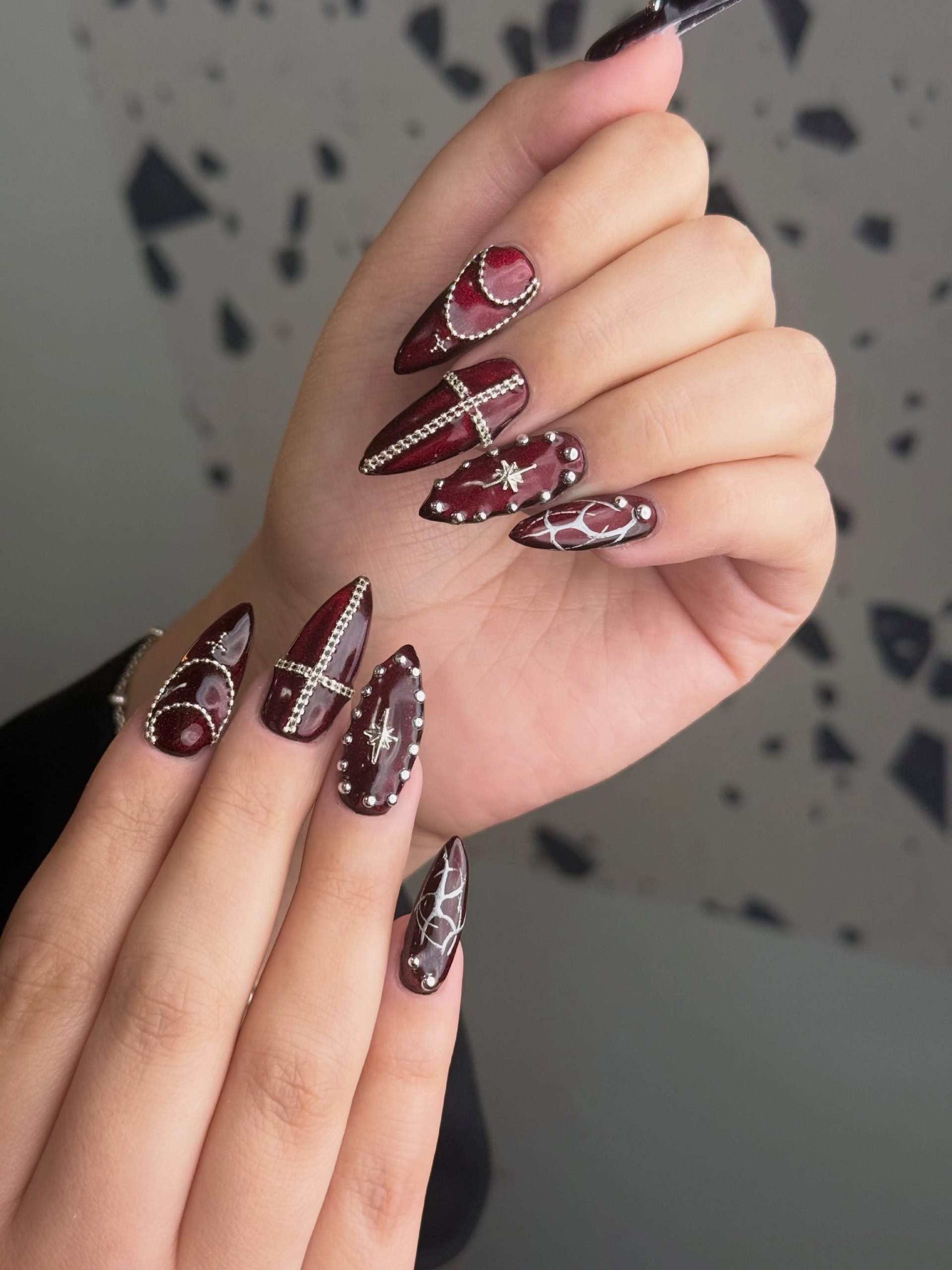 Burgundy Glitter Coffin Nails with Silver Embellishments
