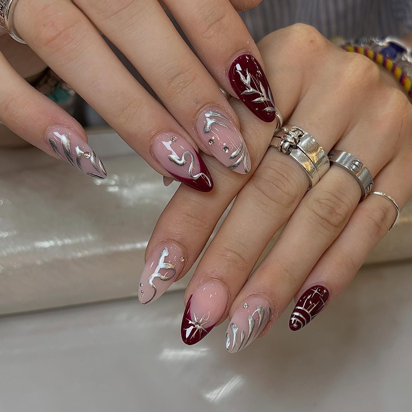 Burgundy and Silver Snake French Tips