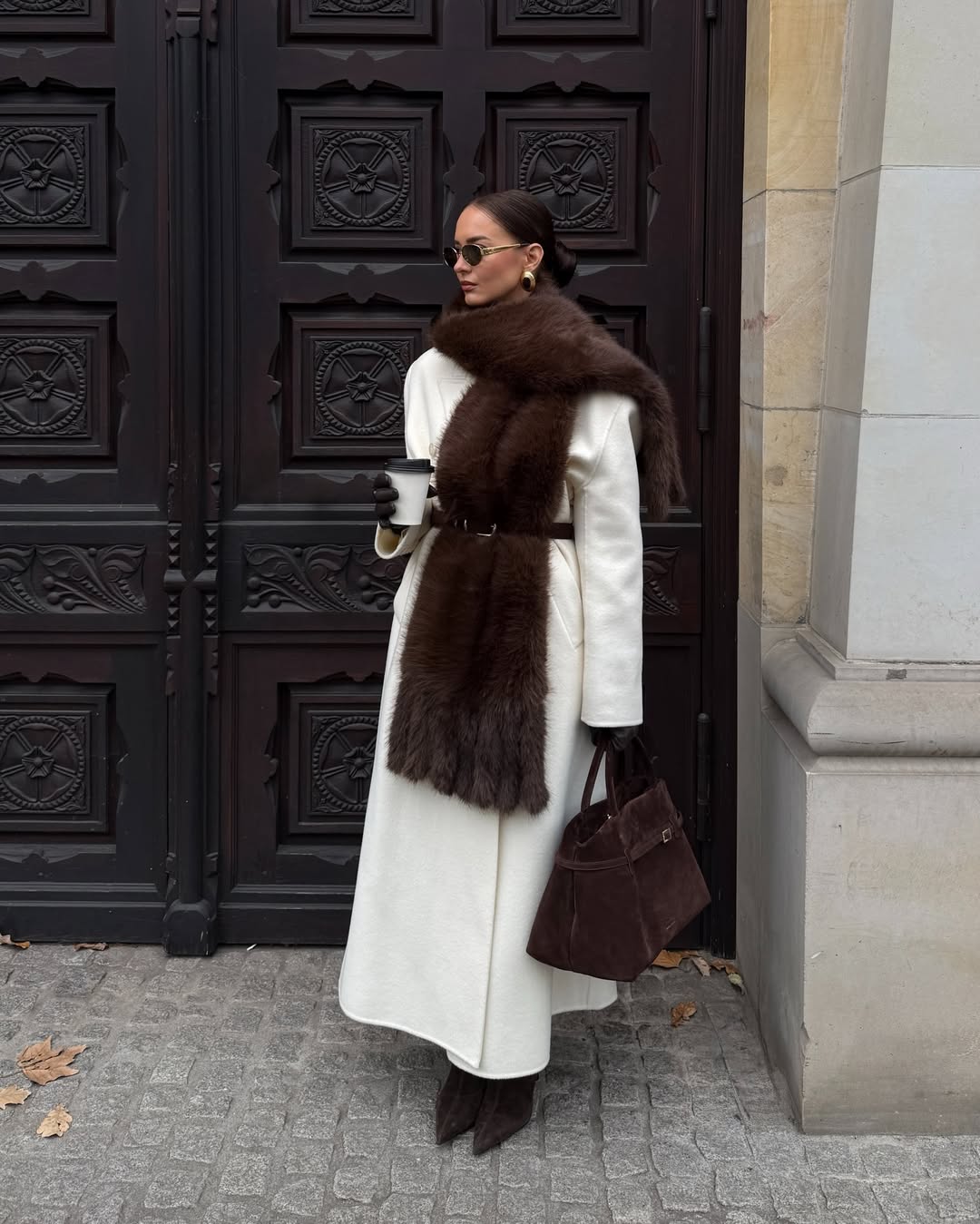 White Wool Coat With Brown Furs And Suede Accessories