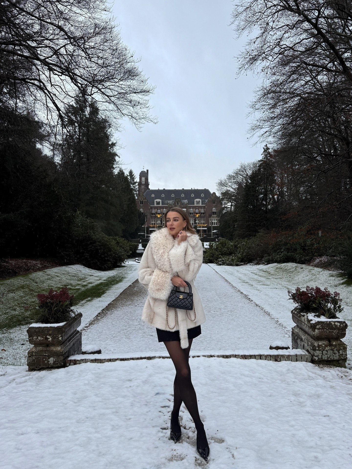 Luxurious Faux Fur Coat And Sheer Tights Winter Look