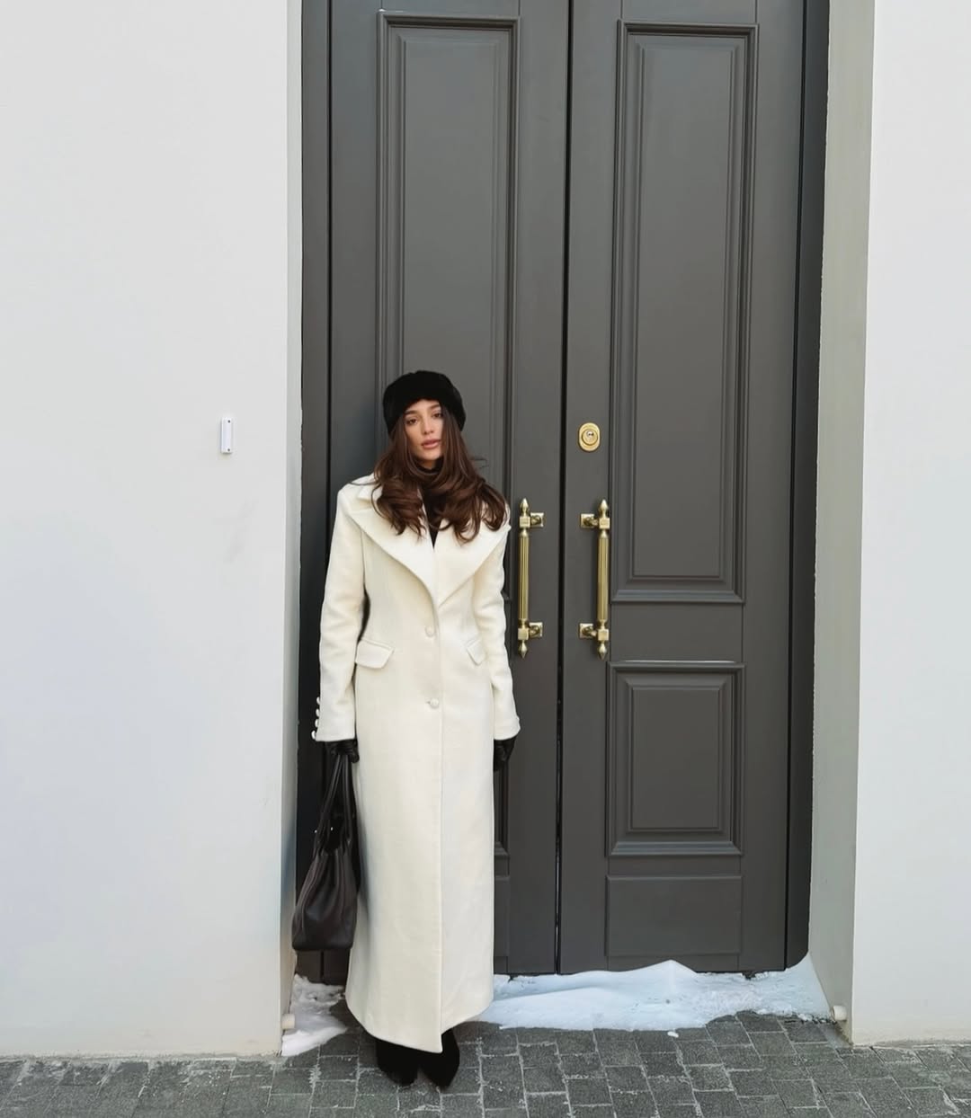 White Maxi Wool Coat With Black Accessories