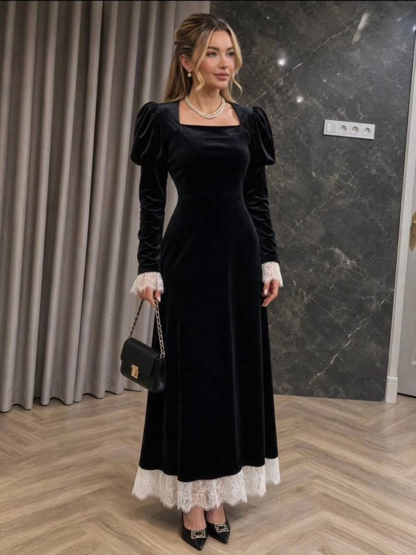 Black Velvet Puff Sleeve Lace Trim Midi Dress