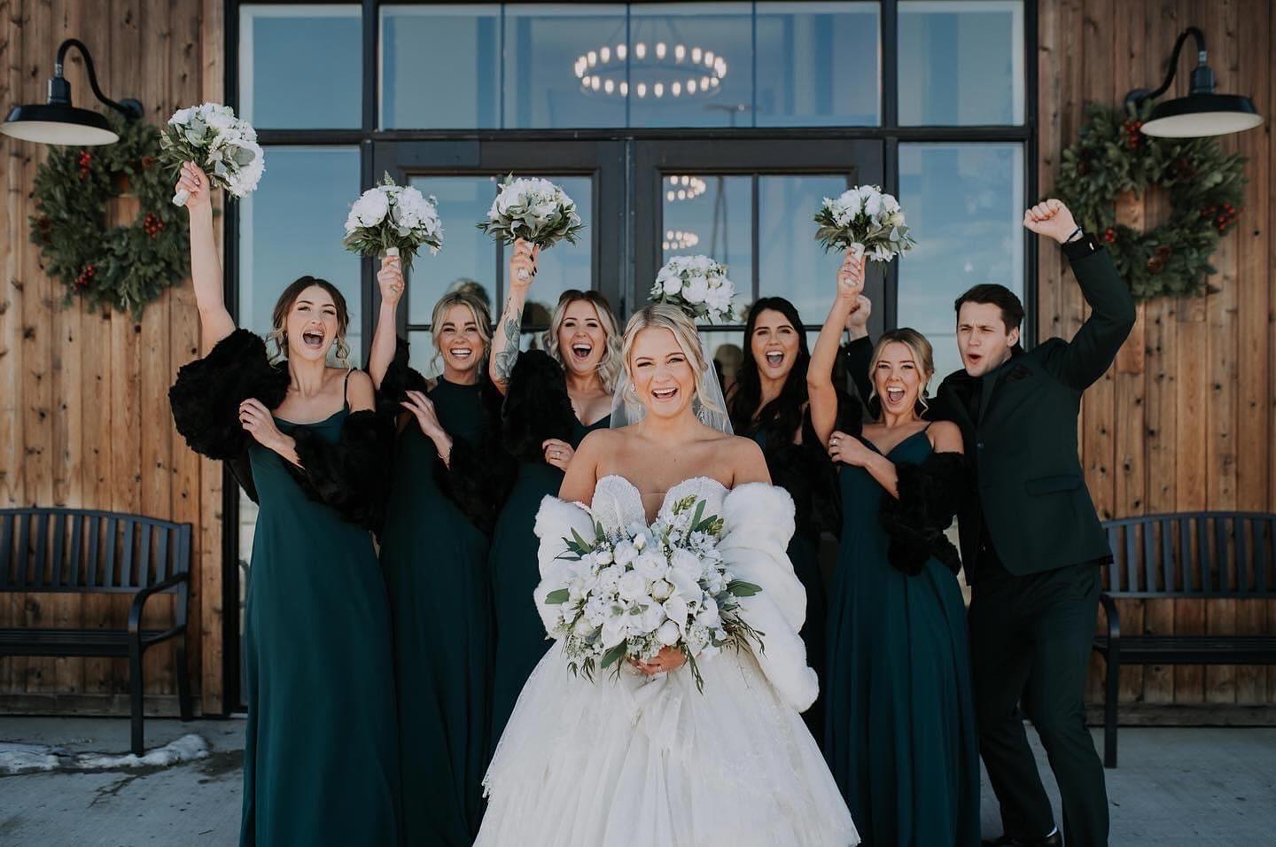 Emerald Satin Bridesmaid Dress With Black Faux Fur Stole