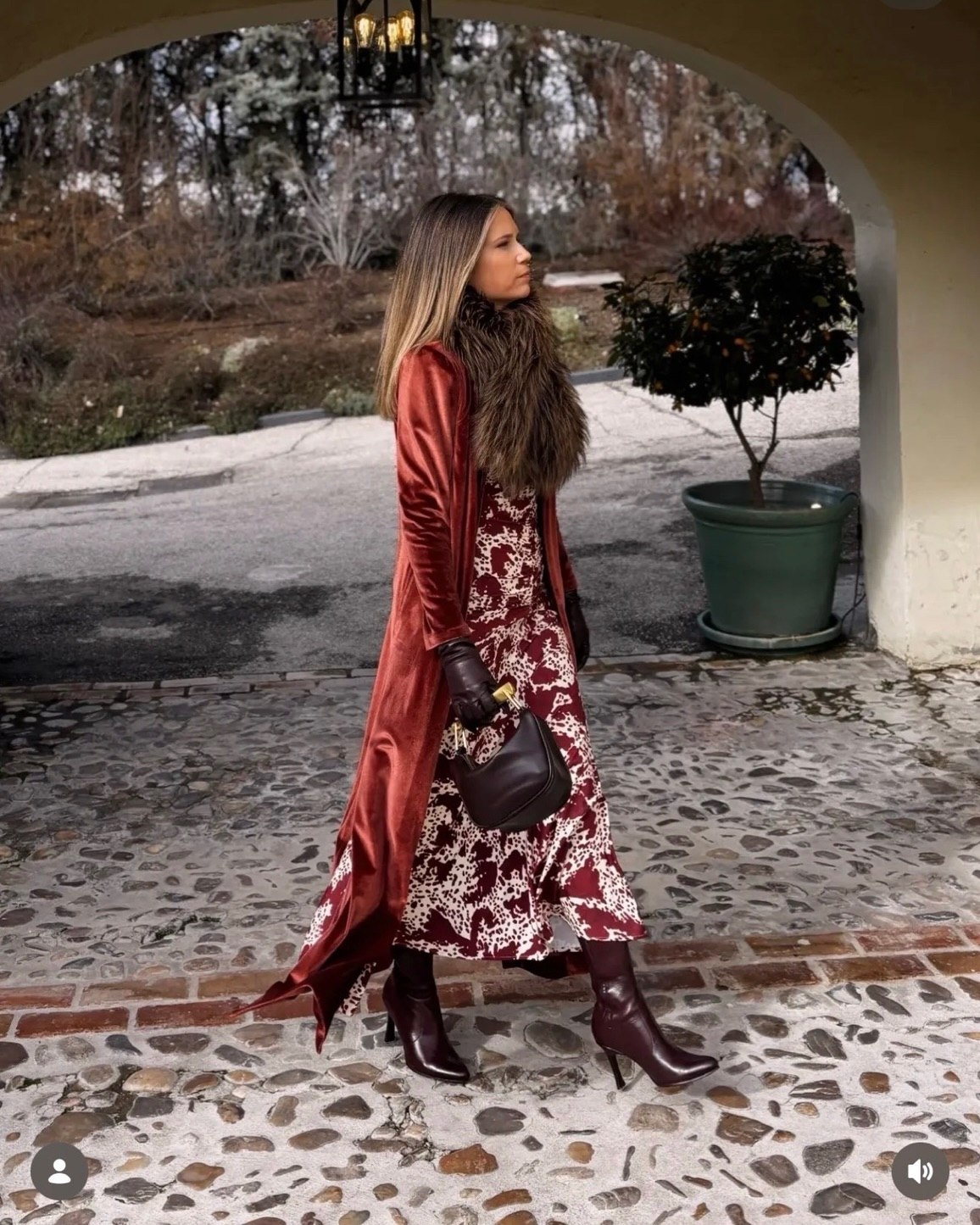 Velvet Duster, Printed Midi Dress, and Booties