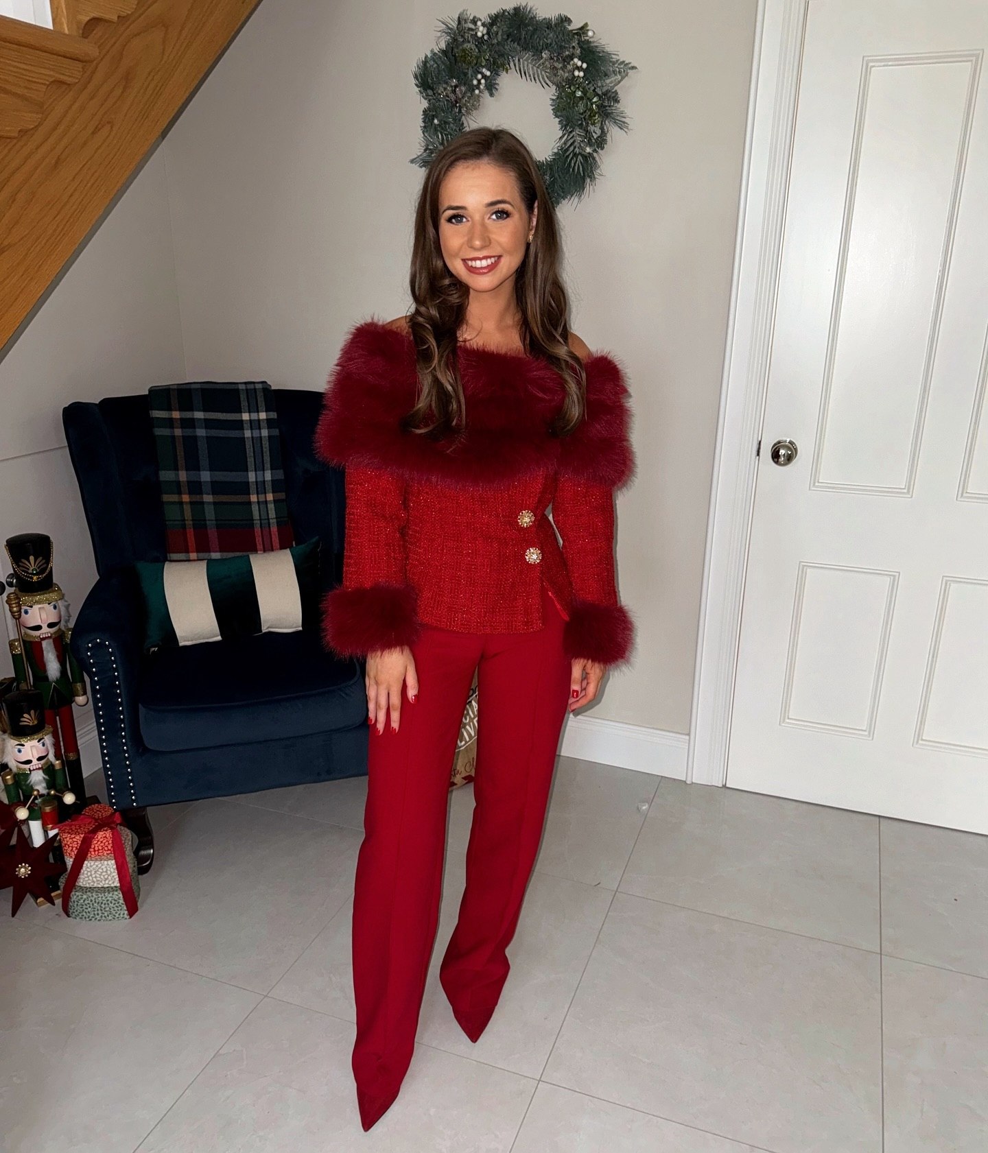 Red Tweed Feather Trim Off-Shoulder Top and Trousers