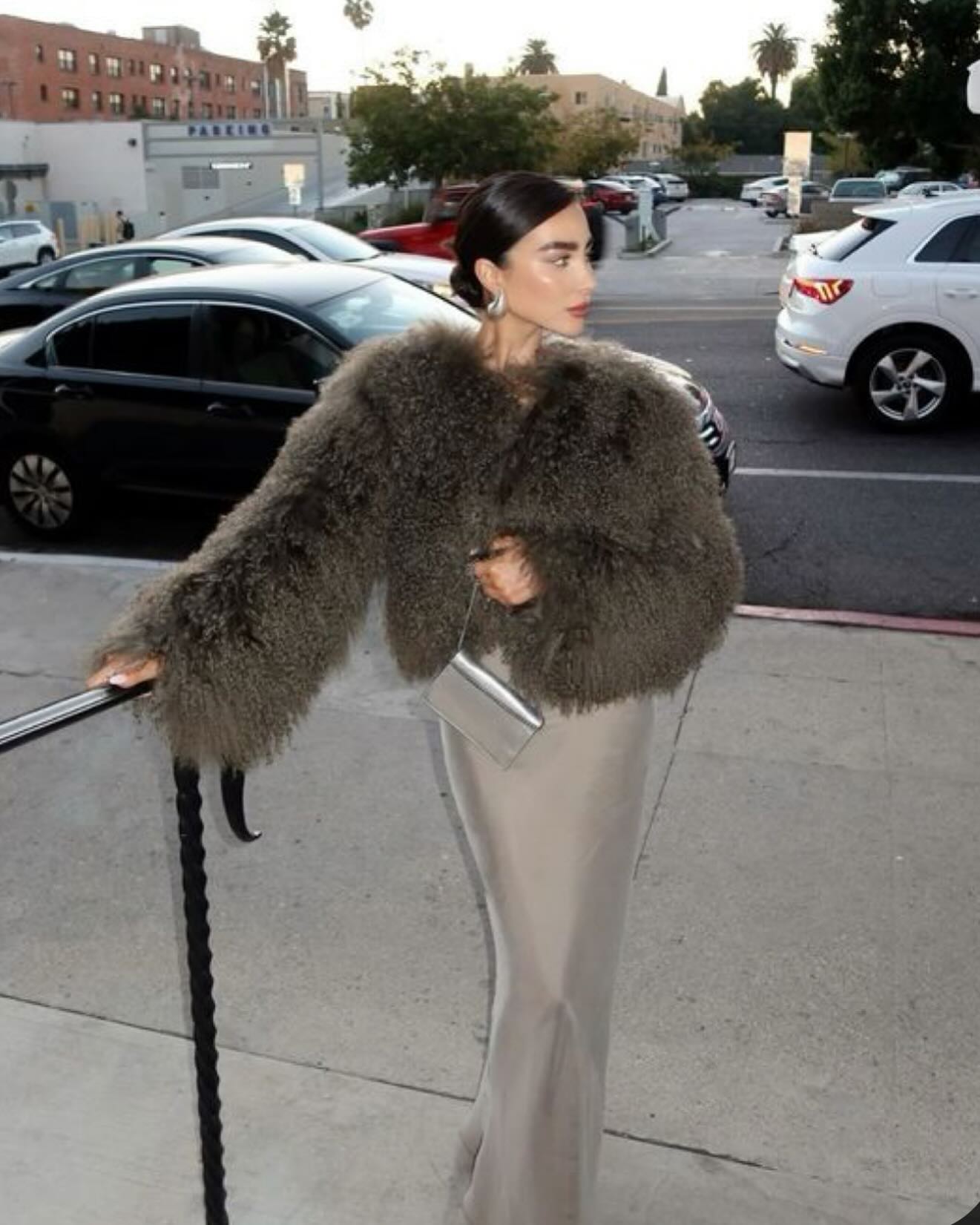 Statement Faux Fur Coat Over Satin Gown