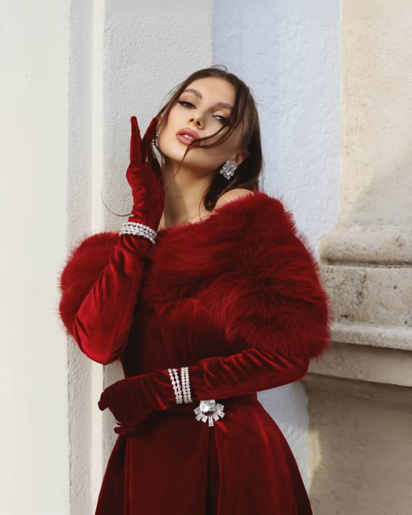 Dramatic Red Velvet Gown With Fur Accents
