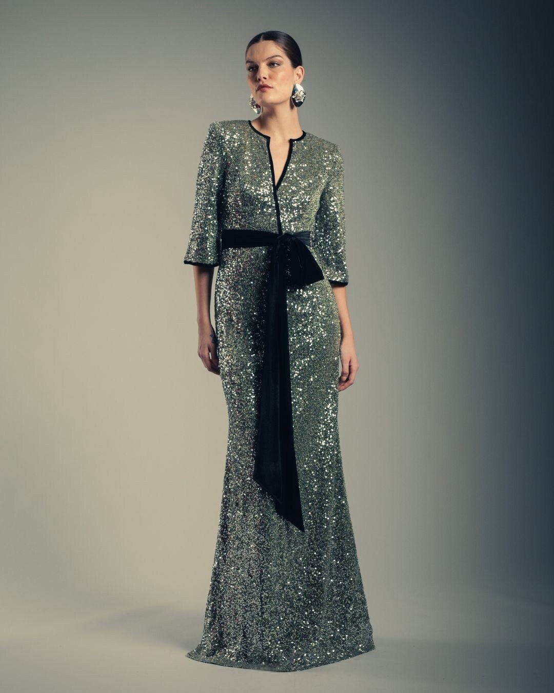 Sparkling Sequin Column Gown With Velvet Sash