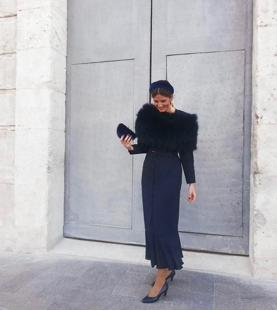 Chic Navy Maxi Skirt With Feathered Stole
