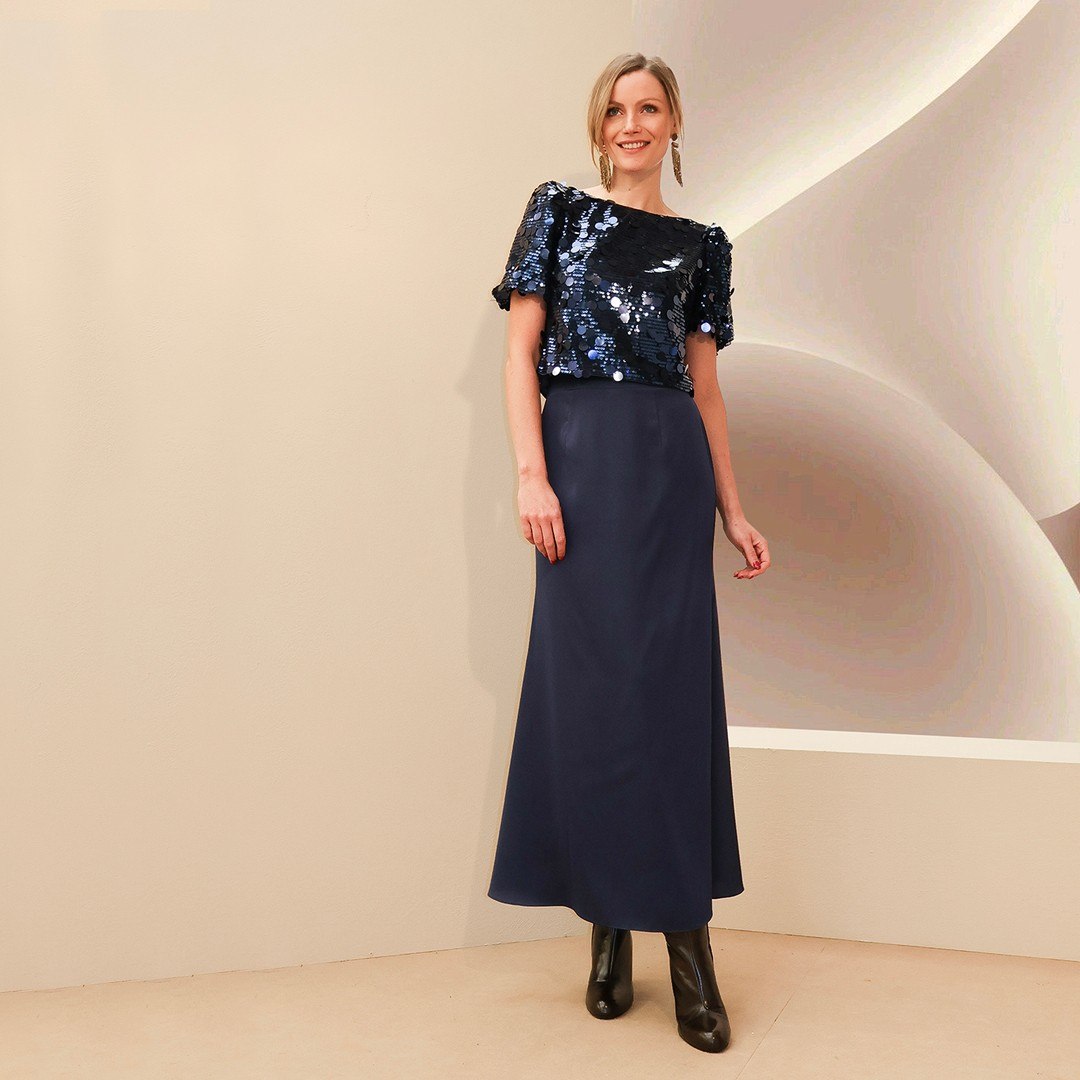 Navy A-line Skirt With Sequin Top Evening Ensemble
