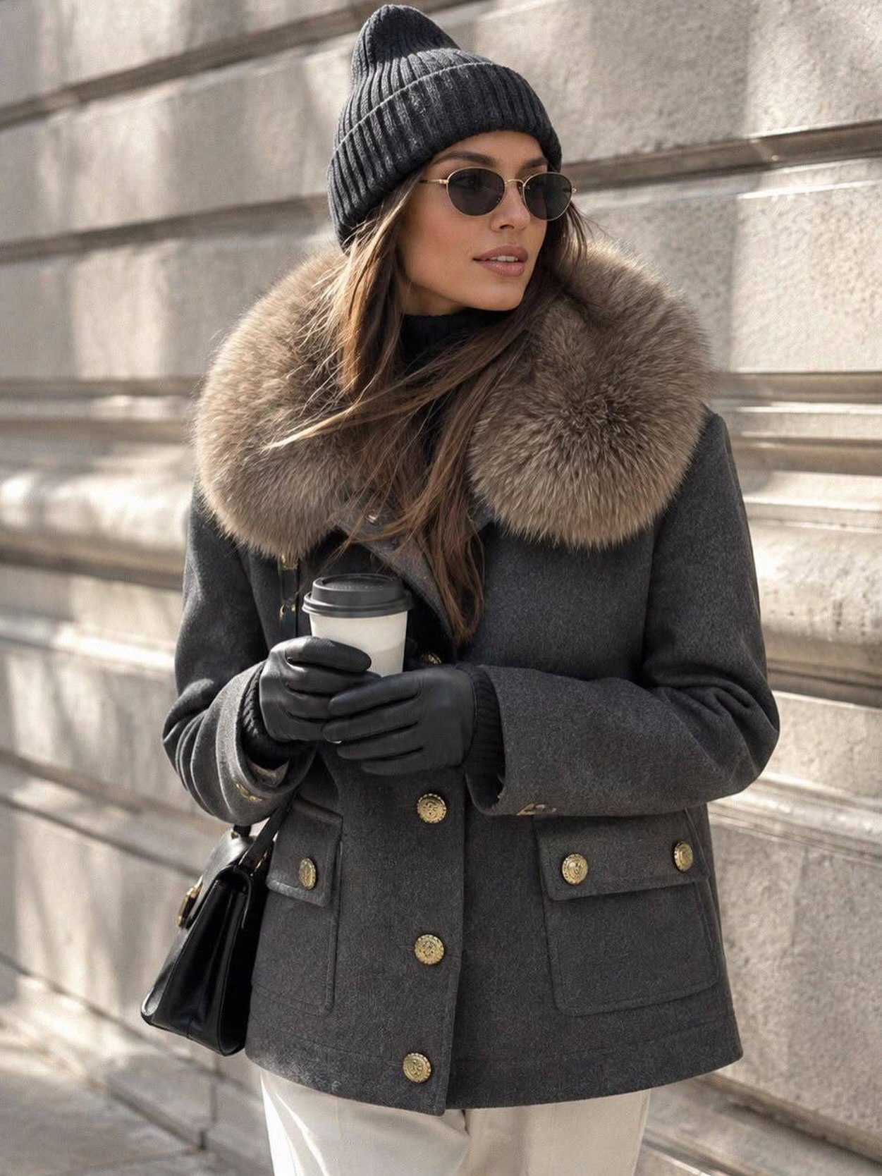 Chic Winter Coat with Fur Collar and Beanie