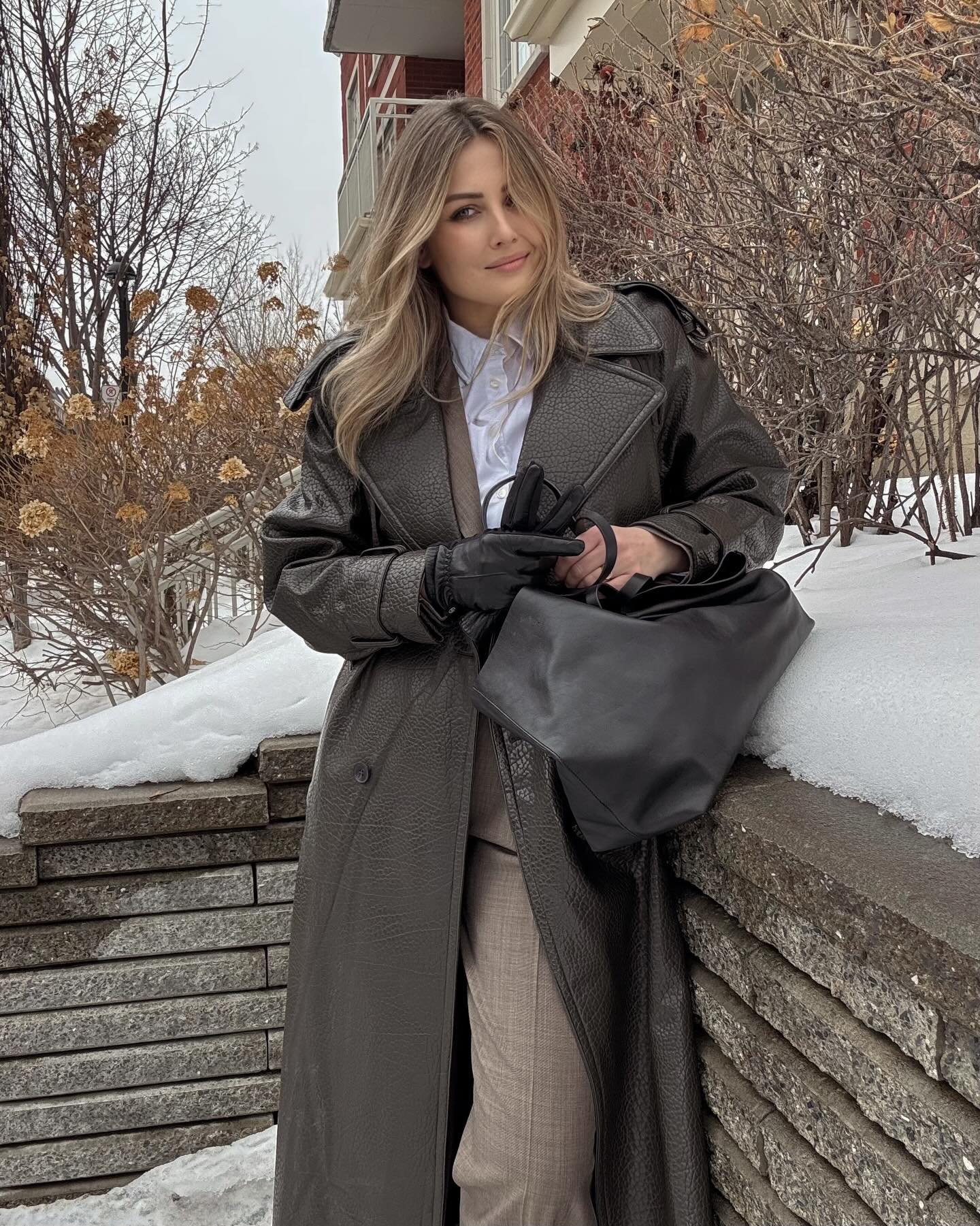 Leather Trench Coat With Trousers And Gloves