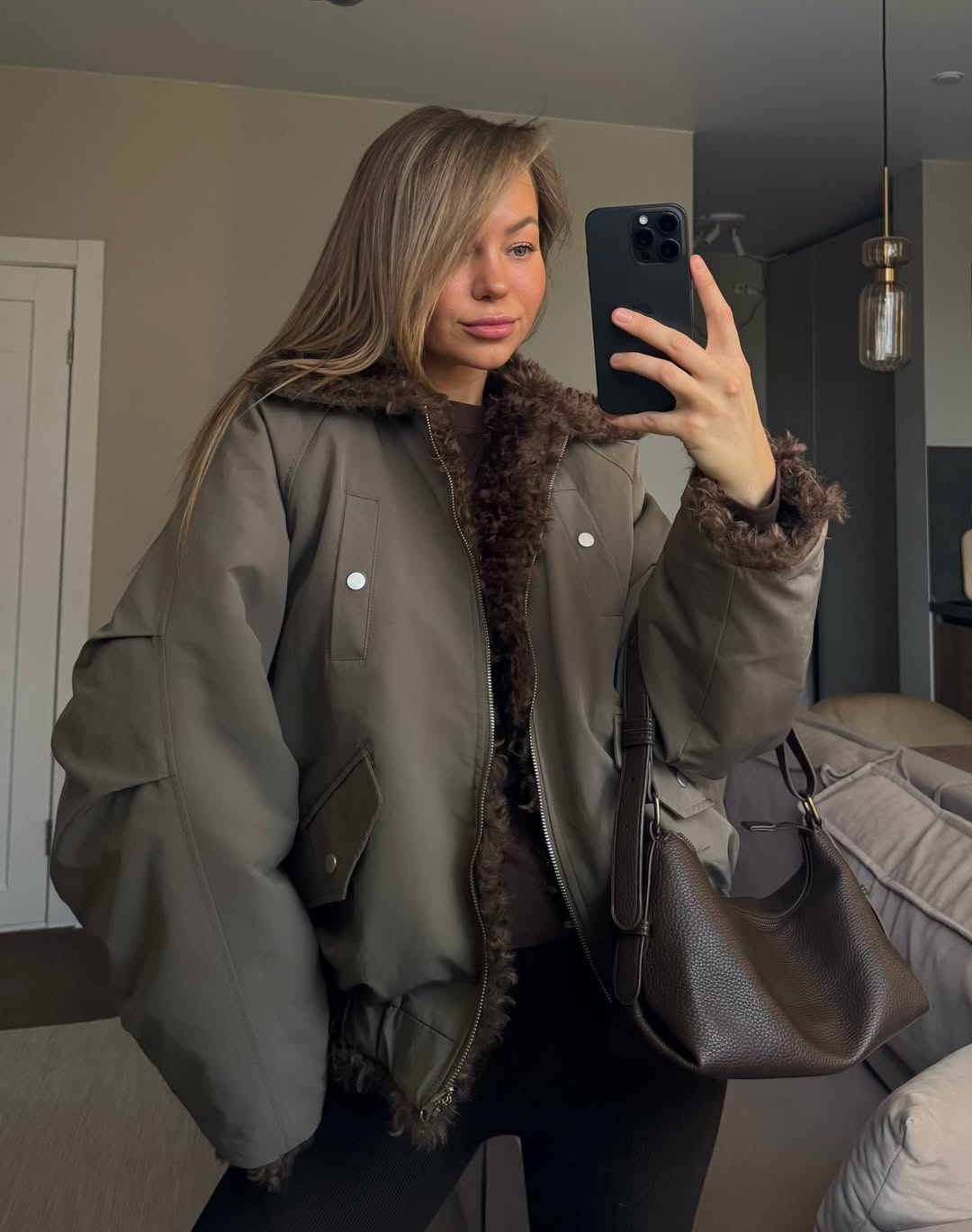 Oversized Shearling Lined Bomber Jacket Outfit