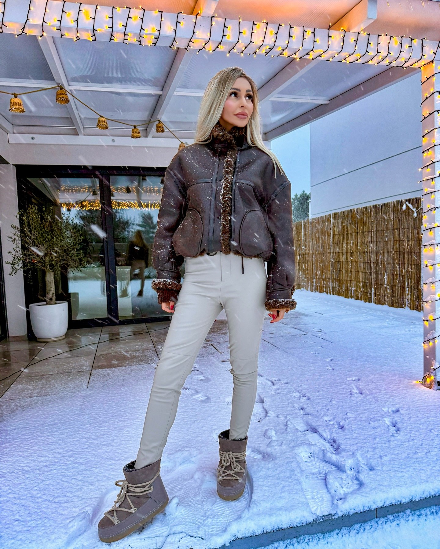 Shearling Trimmed Aviator Jacket And Leather Pants