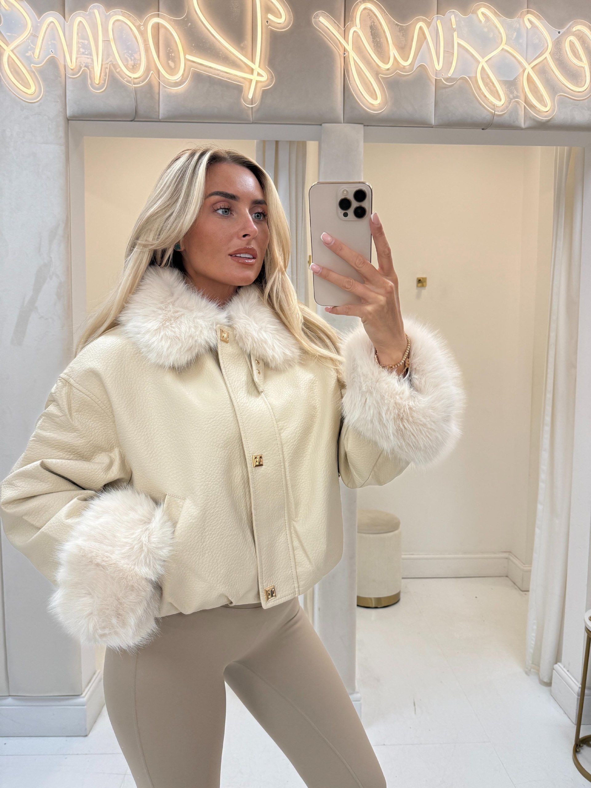 Cream Faux Fur Trimmed Leather Jacket With Leggings