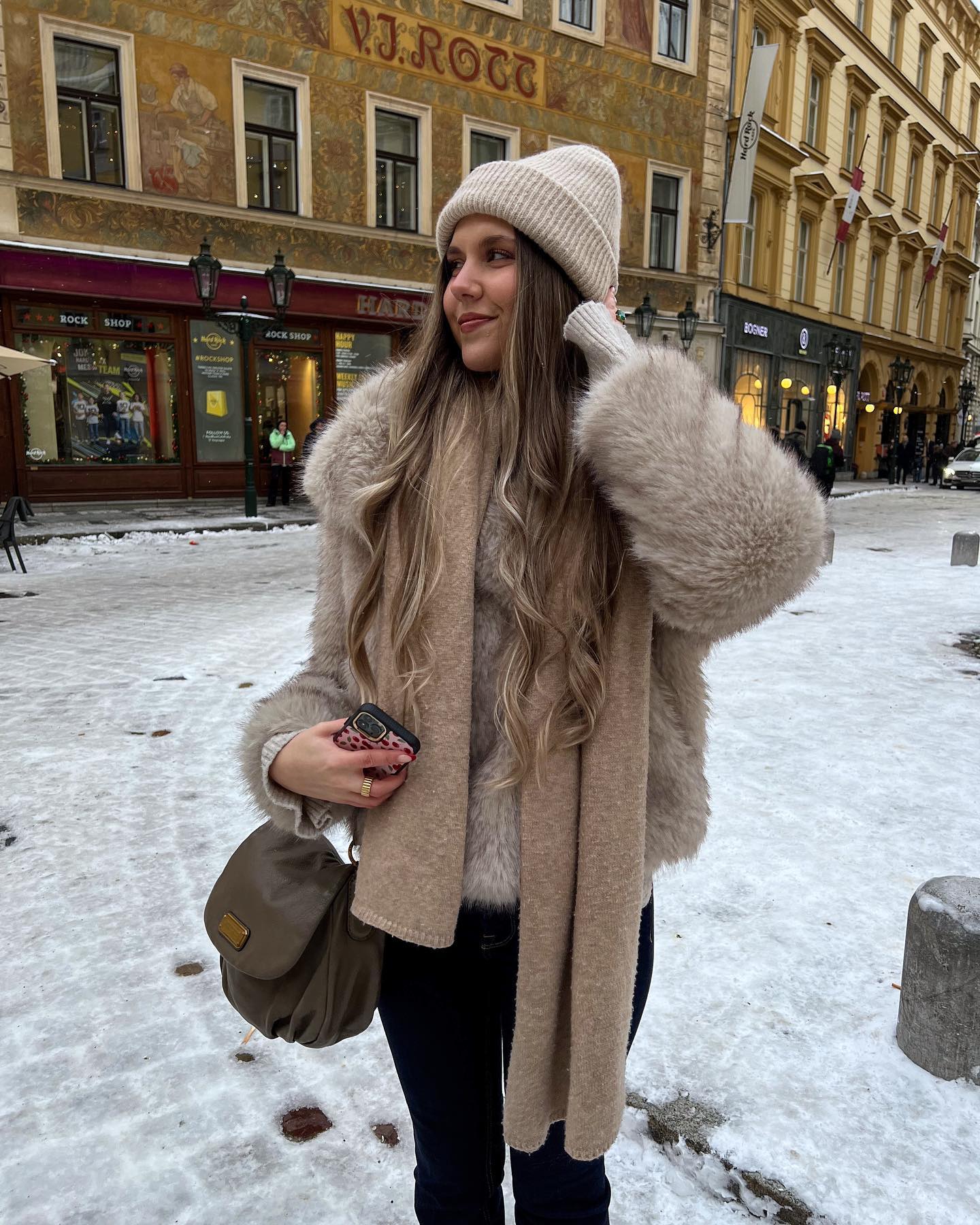 Plush Faux Fur Coat With Neutral Knit Layers