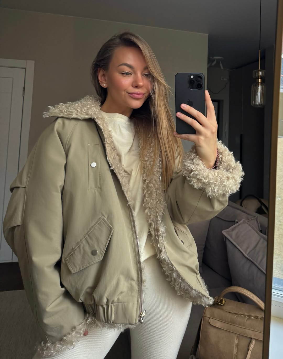 Khaki Bomber Jacket With Cream Knit Set