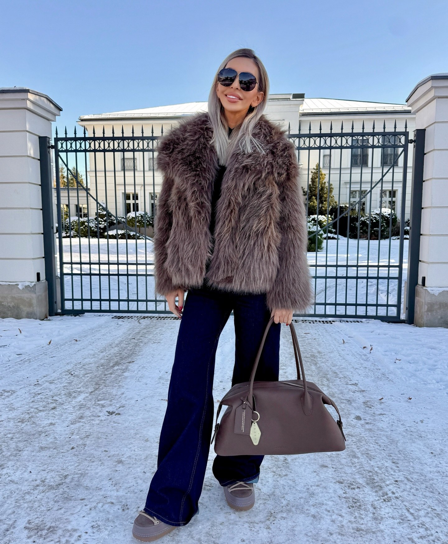 Faux Fur Coat With Flared Denim Street Style