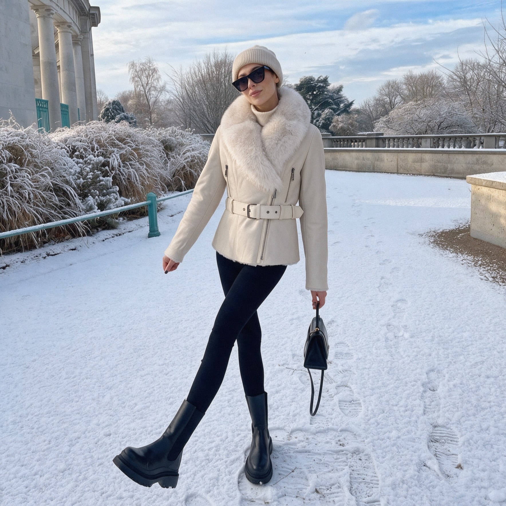 Cream Moto Jacket With Fur Collar in Snow