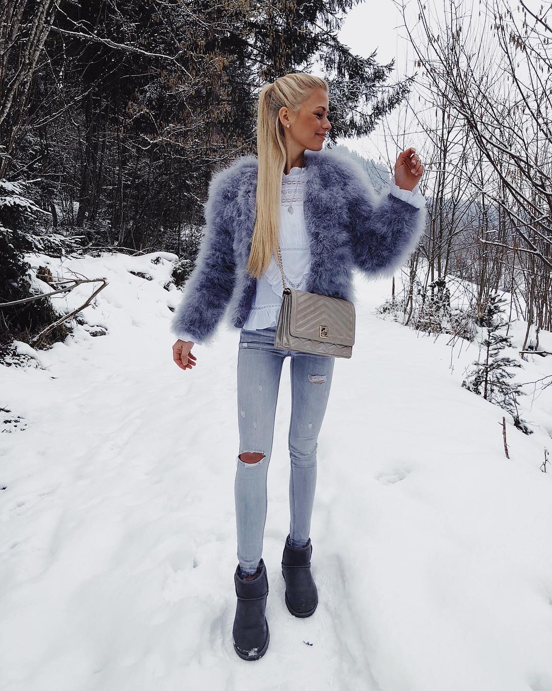 Fuzzy Grey Jacket With Ripped Light Wash Jeans