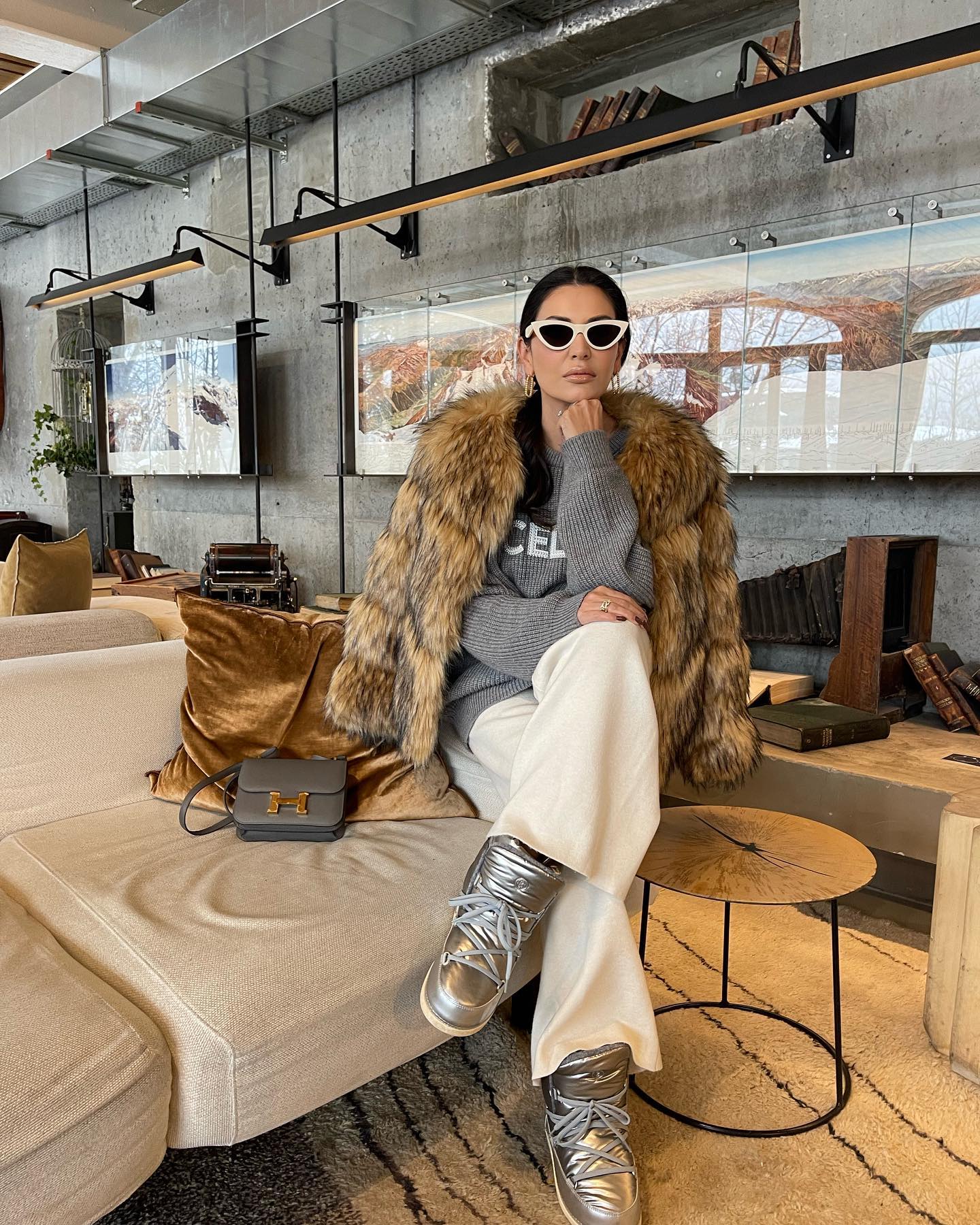 Faux Fur Trimmed Grey Sweater And White Wide Leg Pants