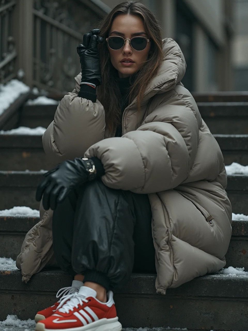 Oversized Puffer With Leather Joggers & Bright Sneakers