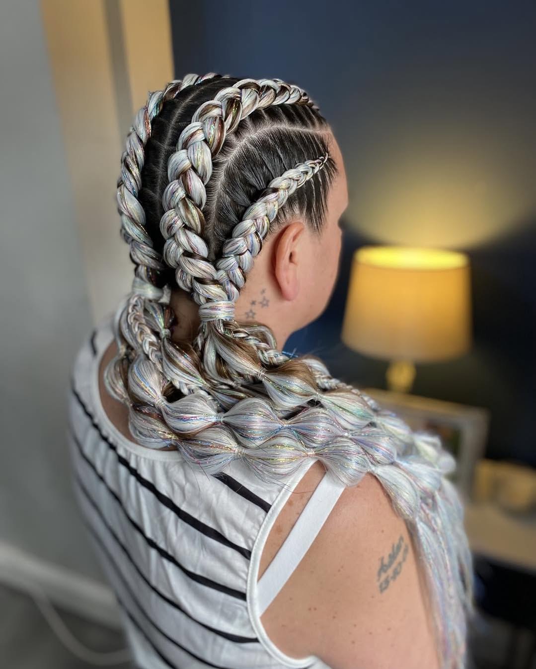 Shimmering Dutch Braids With Tinsel Strands