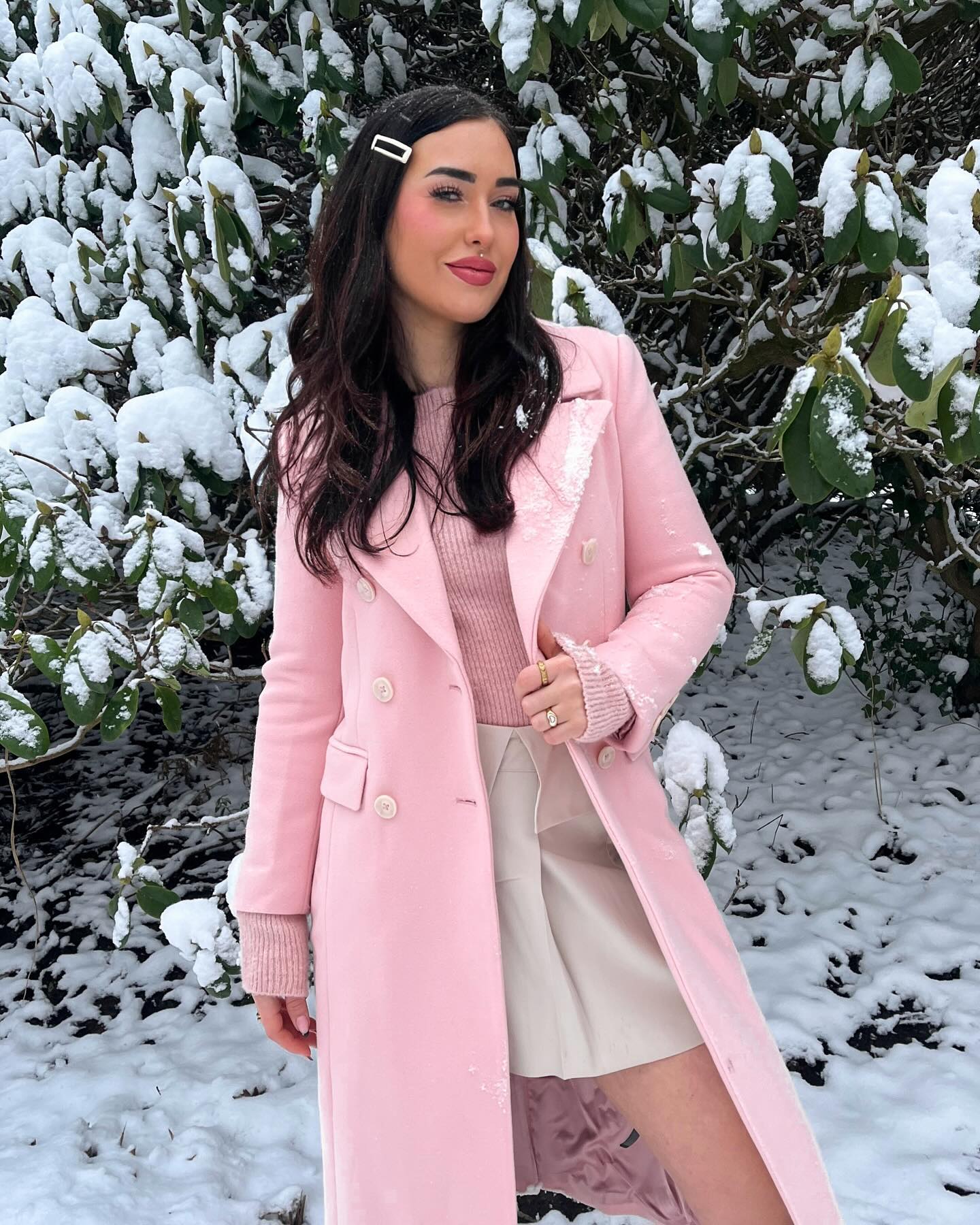 Pastel Pink Winter Coat With Cream Mini Skirt