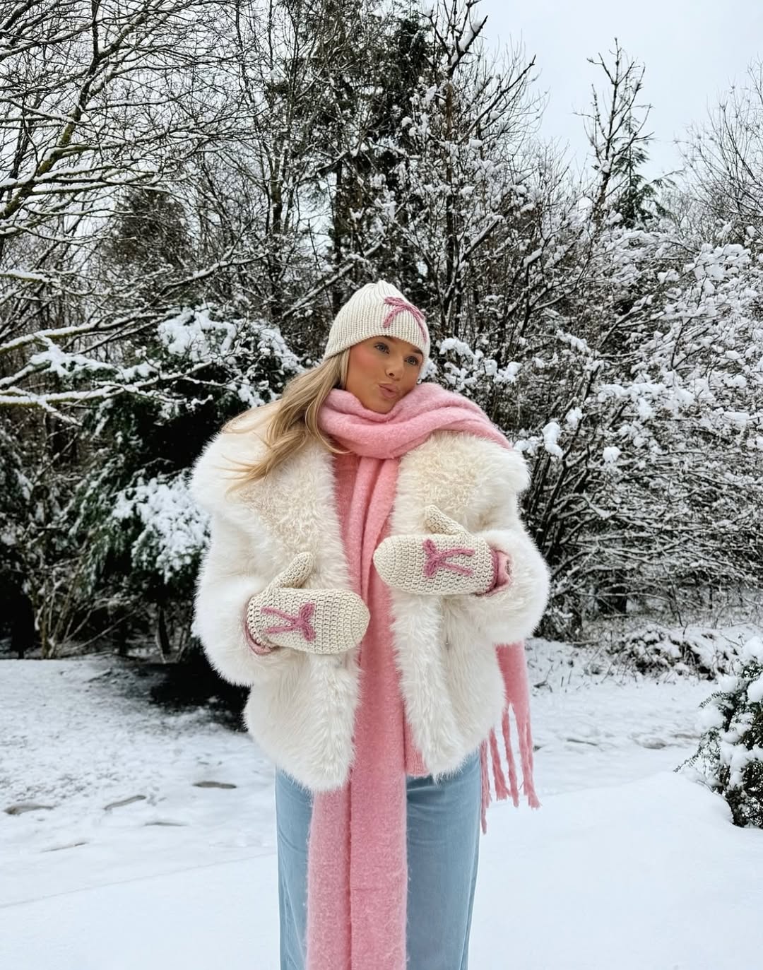 Creamy Faux Fur Coat With Pink Accents