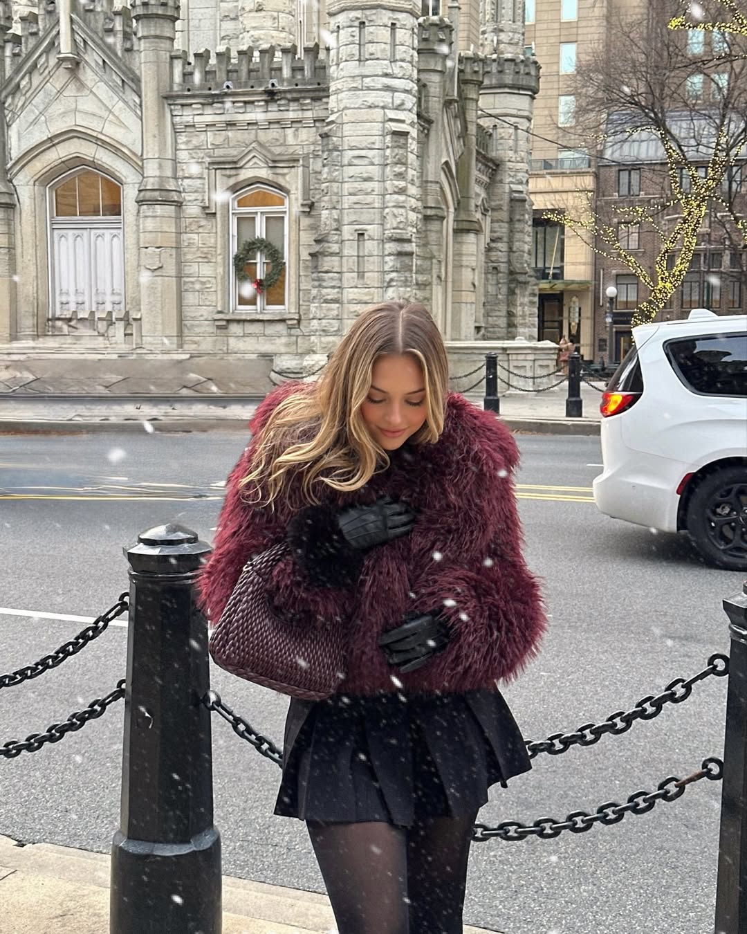 Plum Faux Fur Cropped Jacket With Pleated Skirt