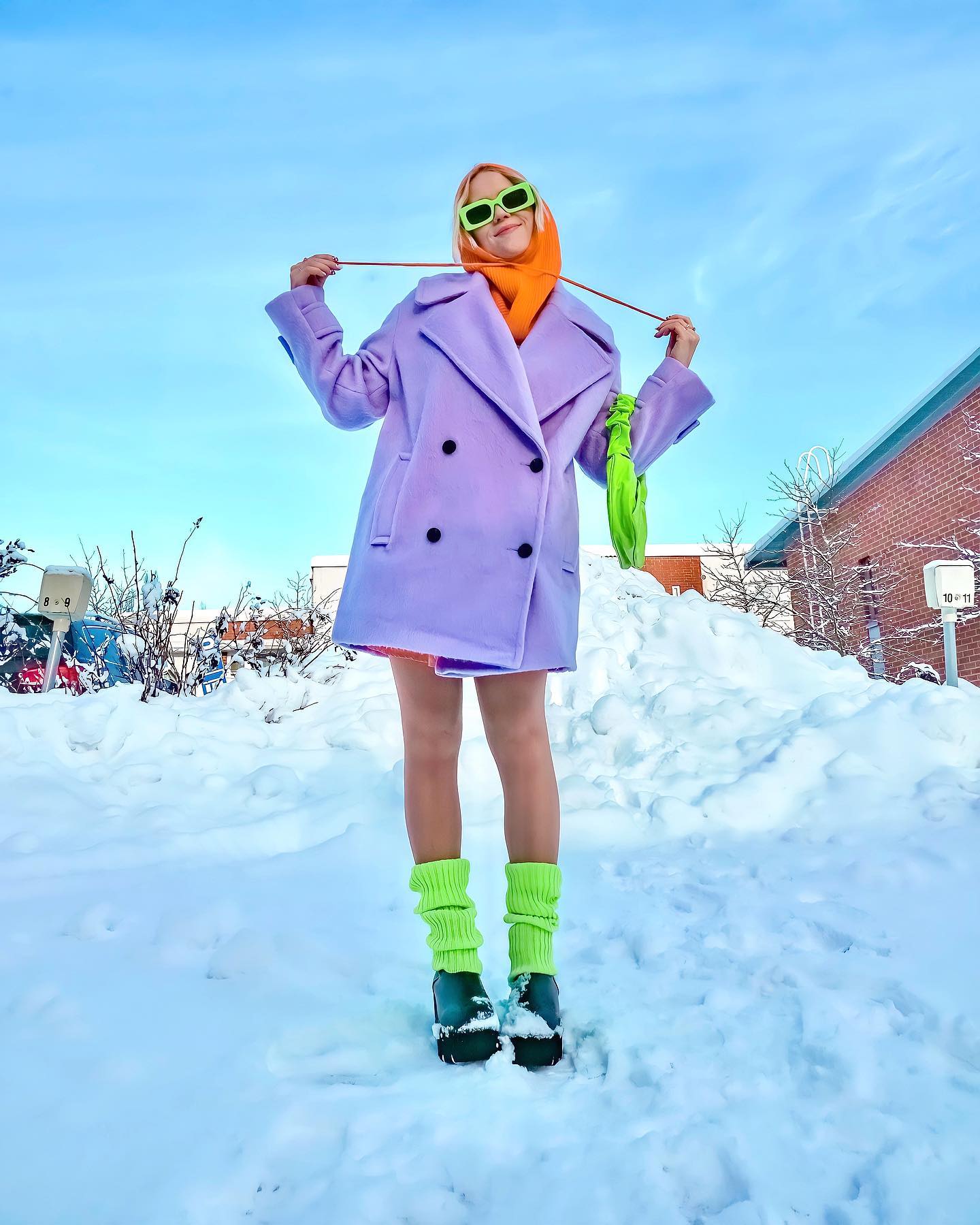 Lilac Coat With Neon Accents Winter Outfit