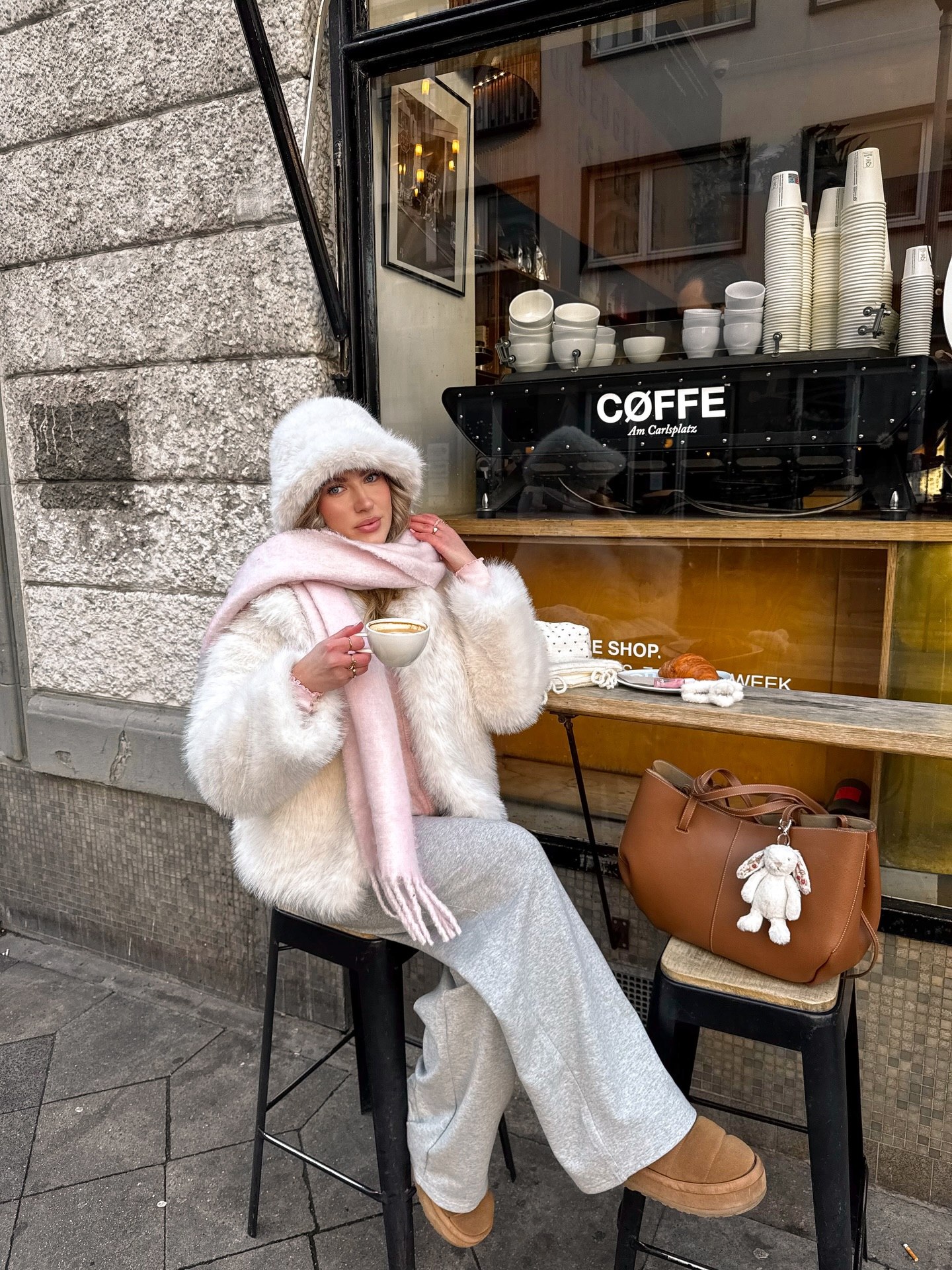 Fluffy White Faux Fur Jacket With Pink Scarf