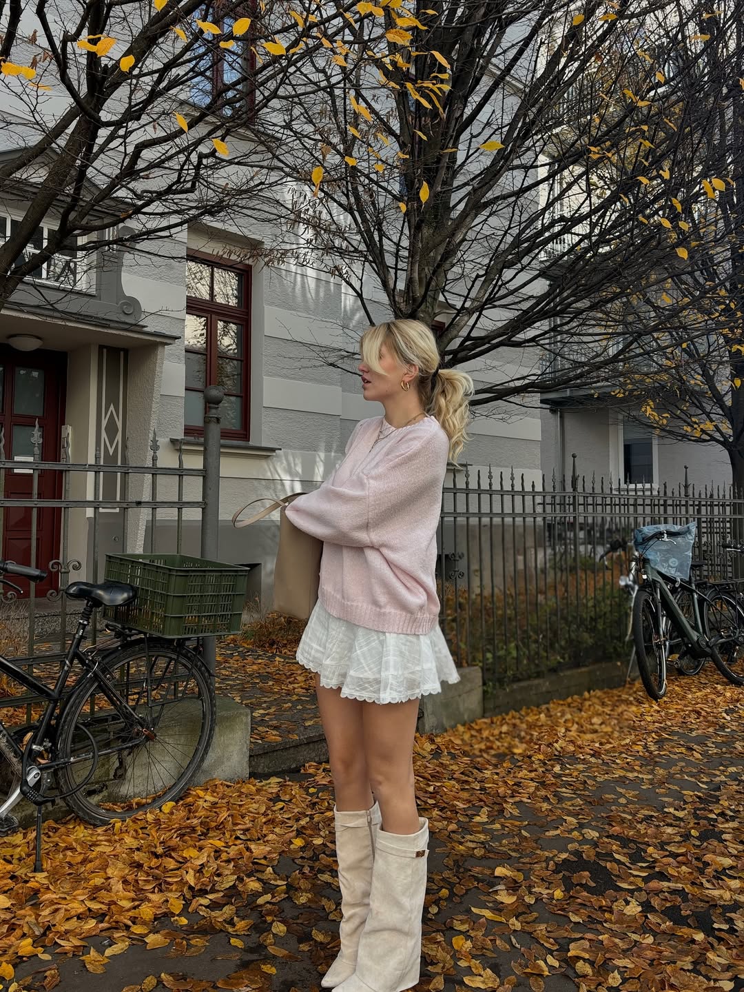 Pastel Knit Sweater And White Mini Skirt Outfit