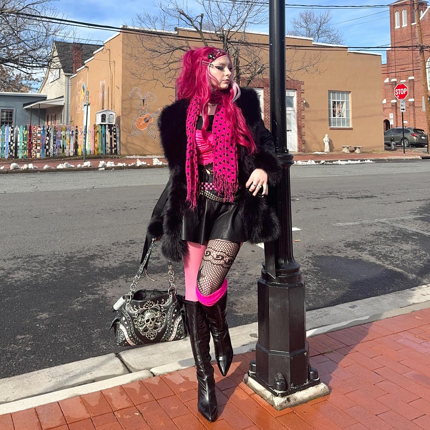 Hot Pink Punk Meets Dark Glam Winter Outfit