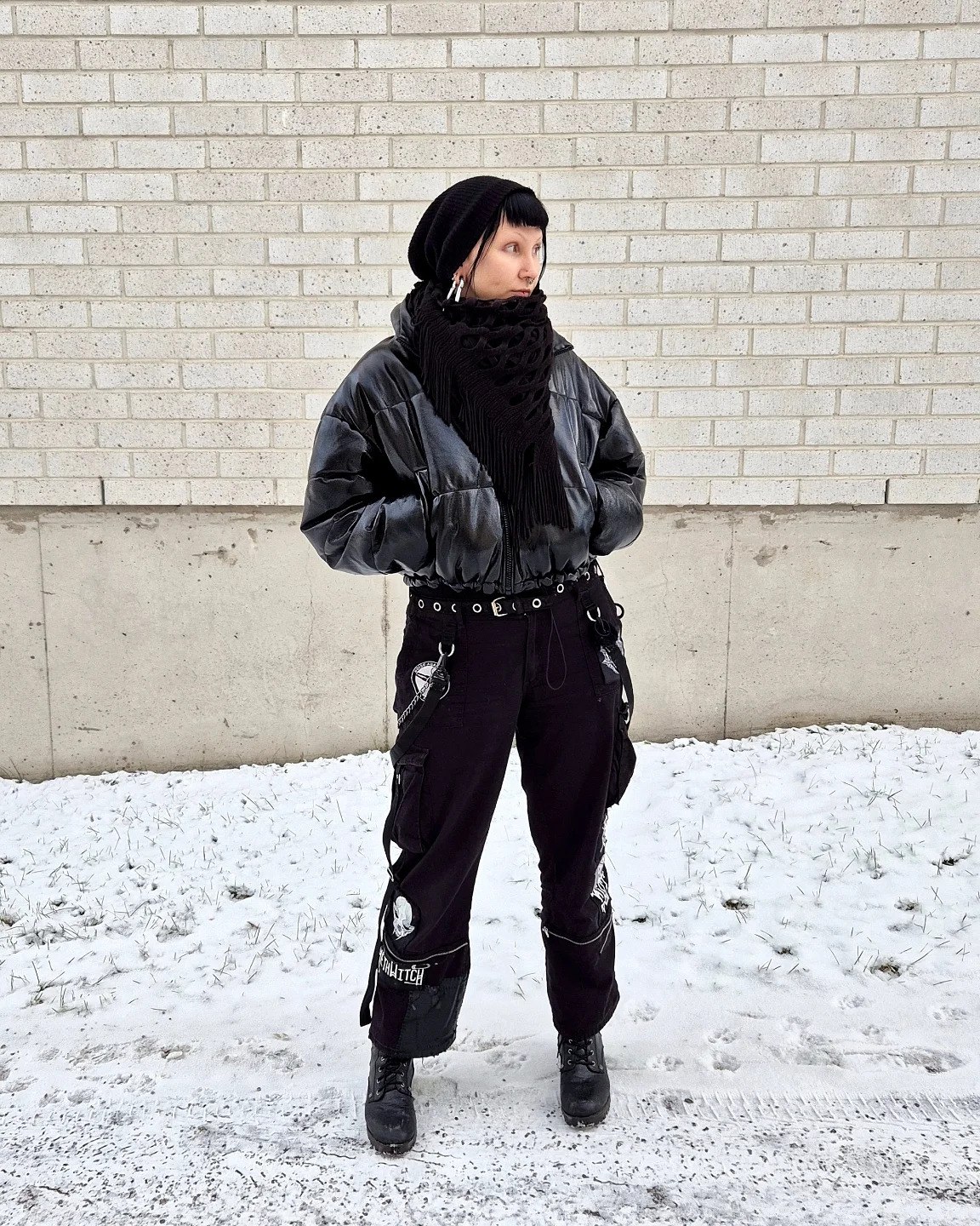 Edgy Black Puffer And Cargo Pants Winter Outfit