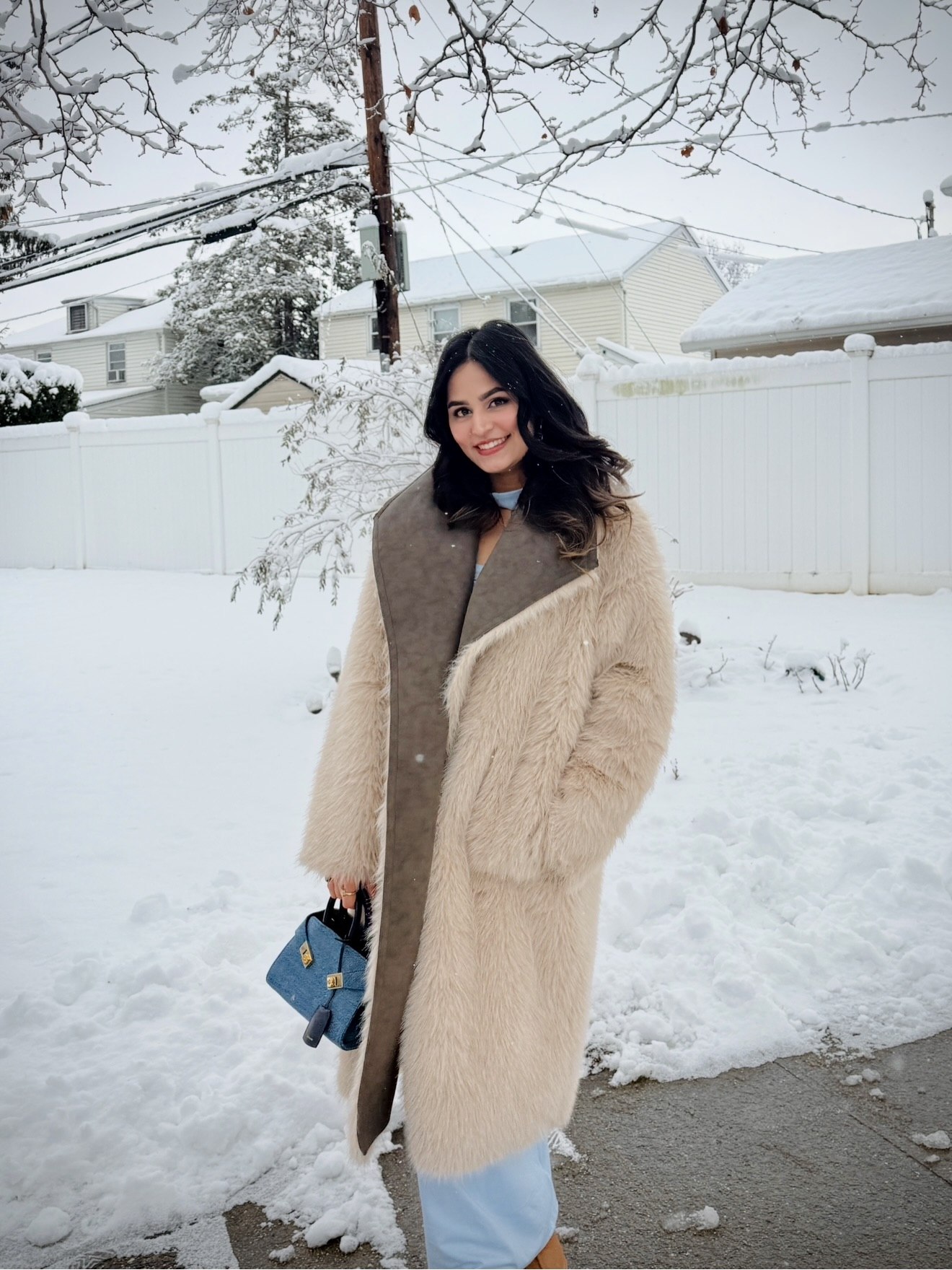 Cozy Faux Fur Coat With Baby Blue Dress