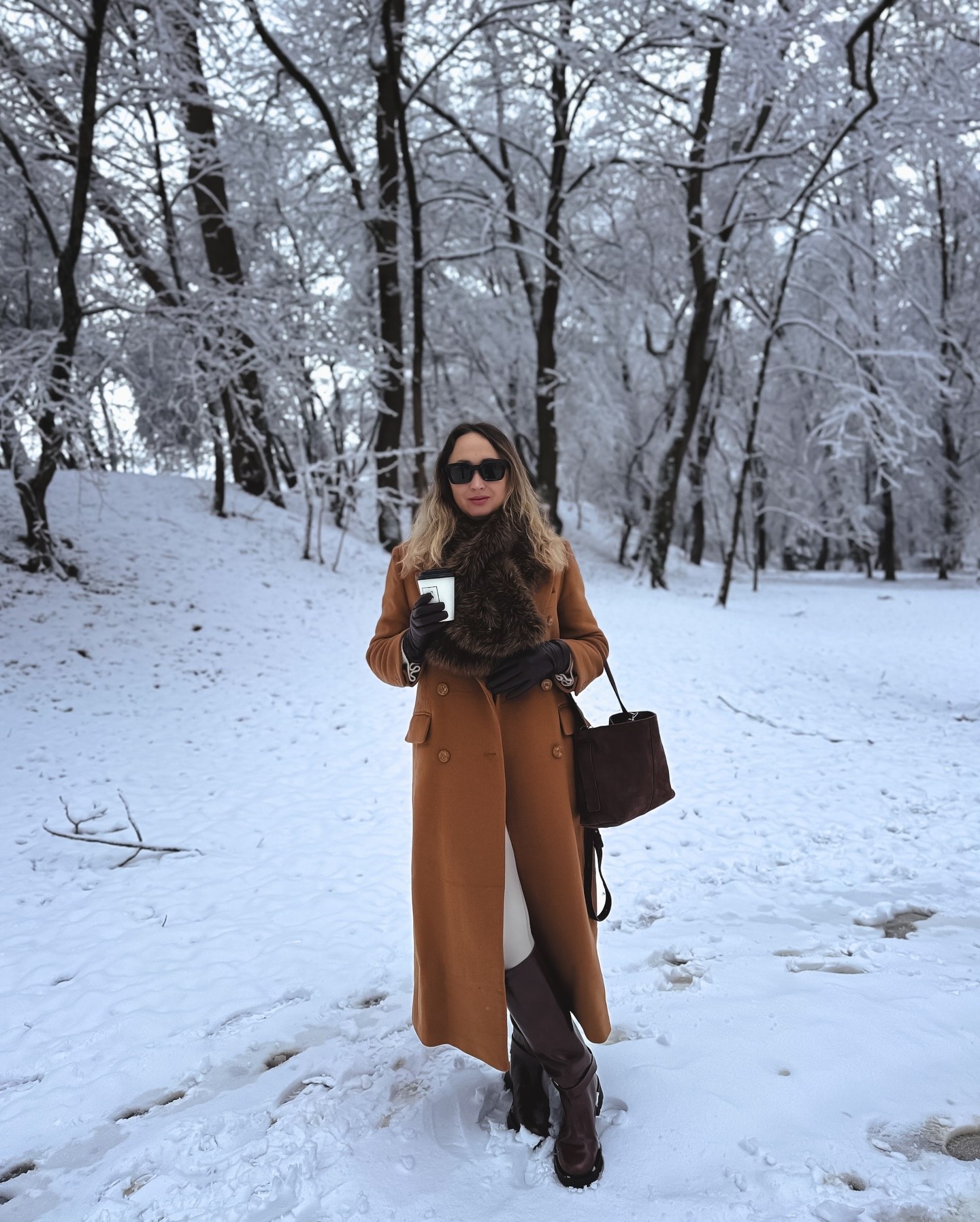 Long Camel Coat With Fur Scarf & Boots