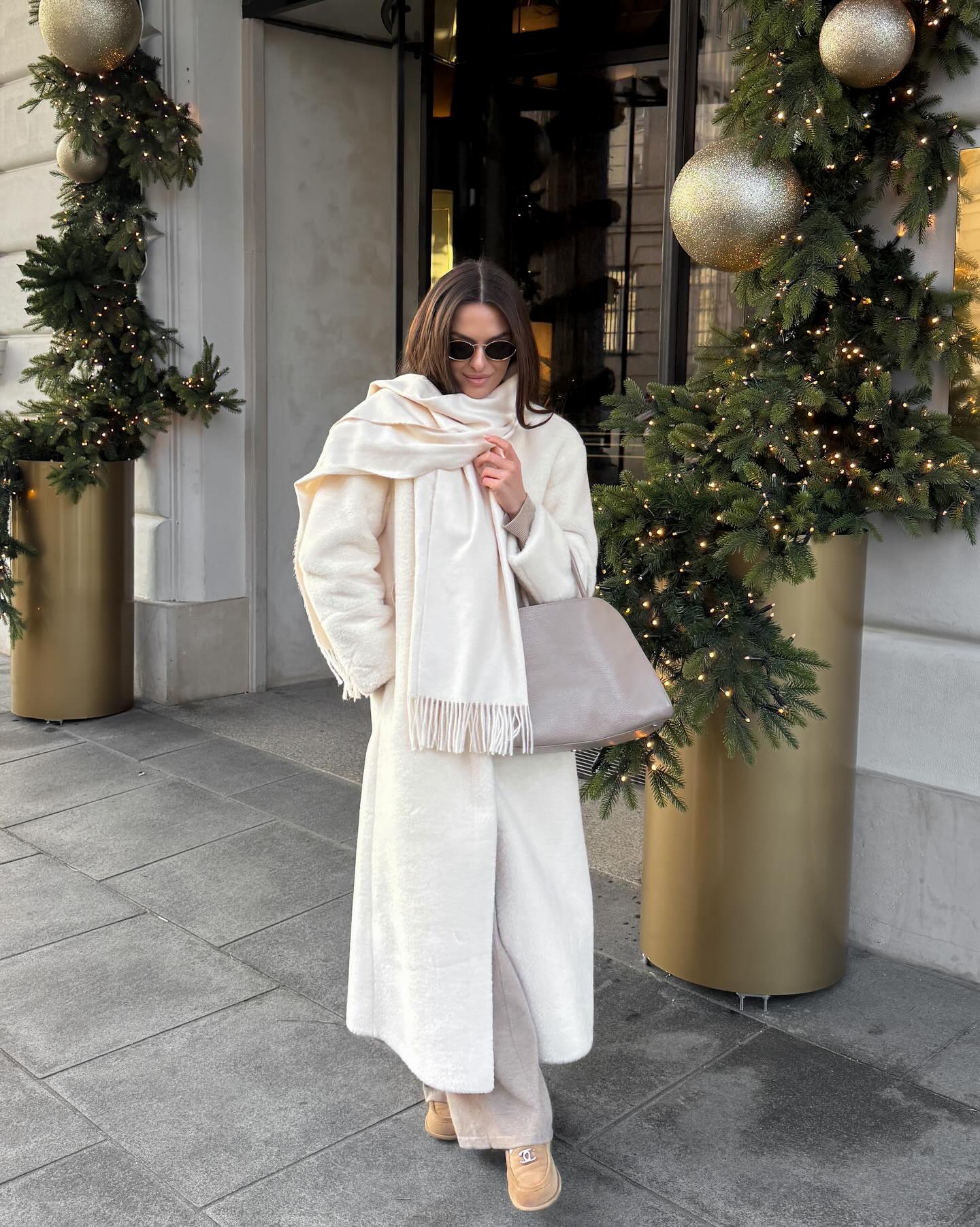 Cream Textured Coat And Wide Leg Trouser Winter Outfit