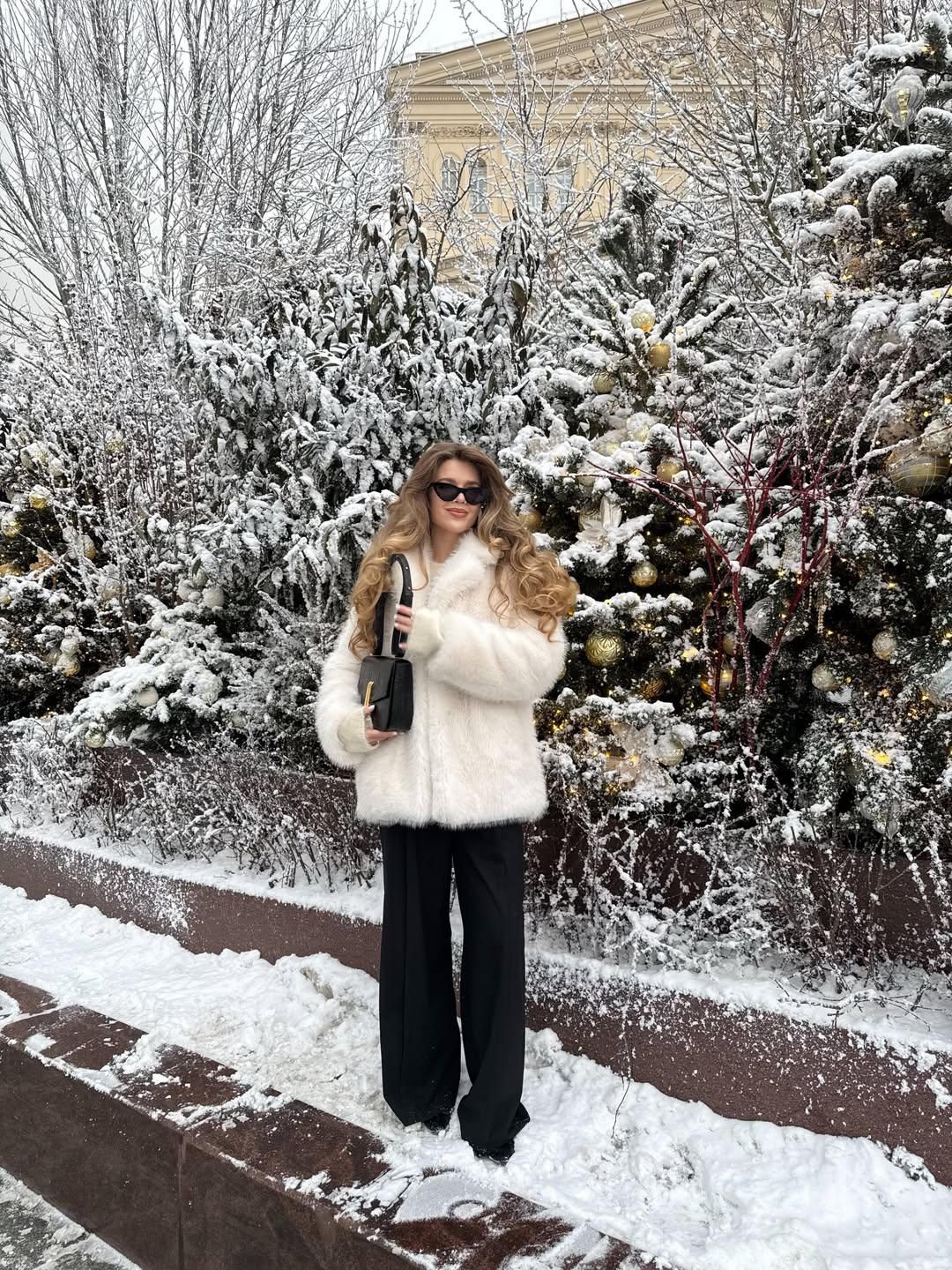 Creamy Faux Fur Coat With Black Wide-Leg Trousers