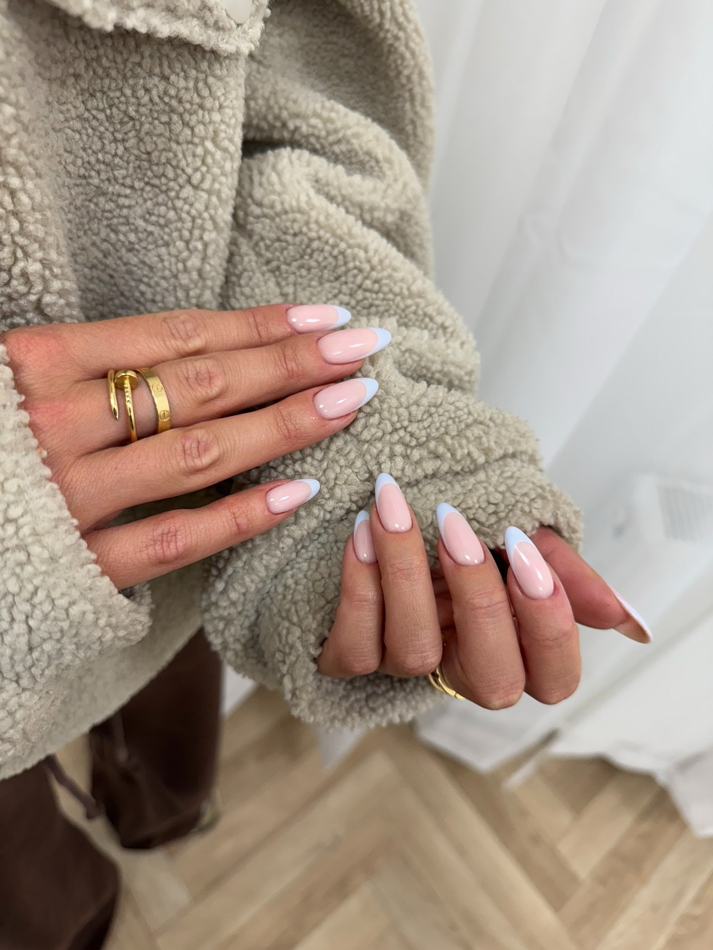 Glossy Pastel Blue Almond French Manicure