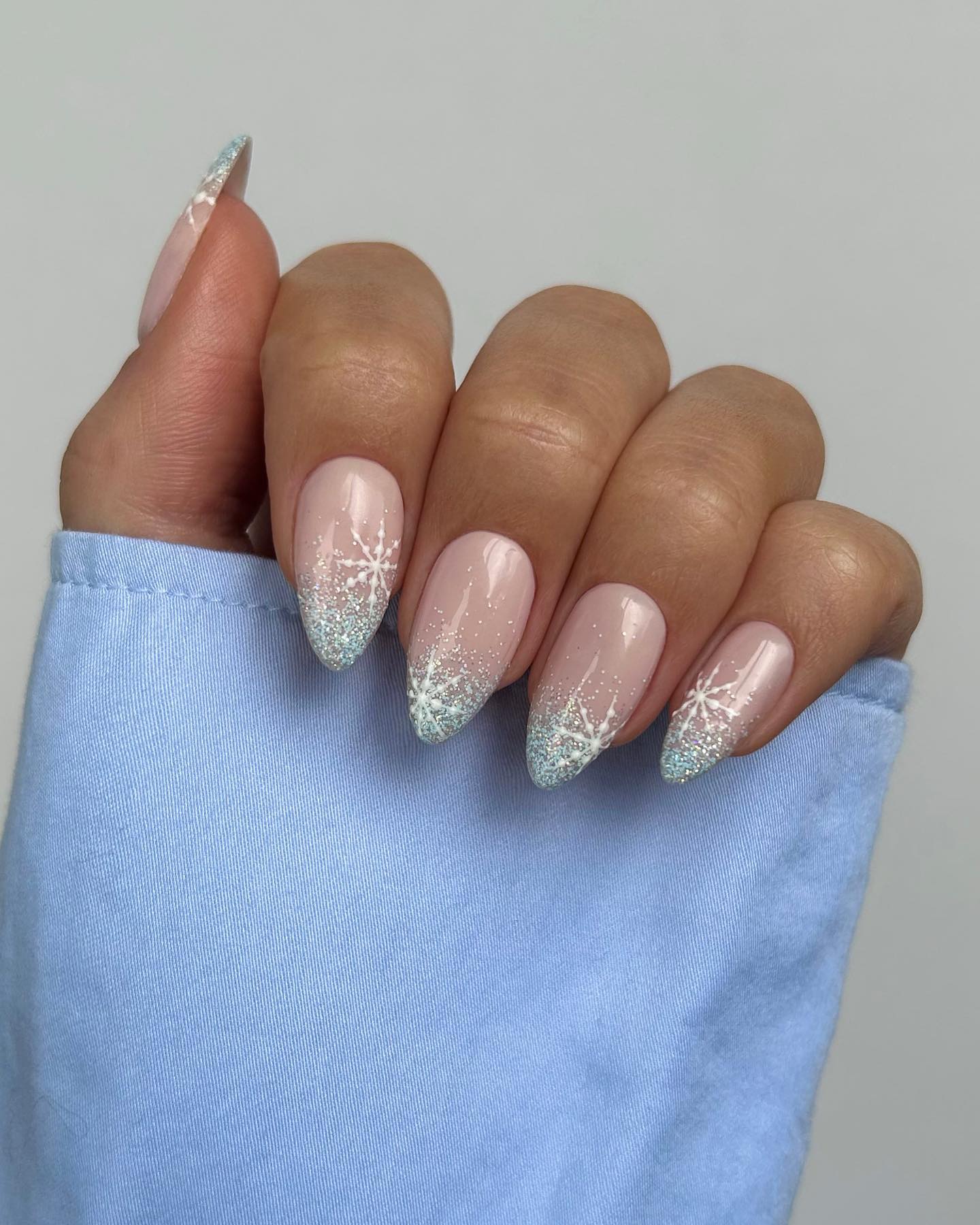 Glitter Gradient Snowflake Almond Nails