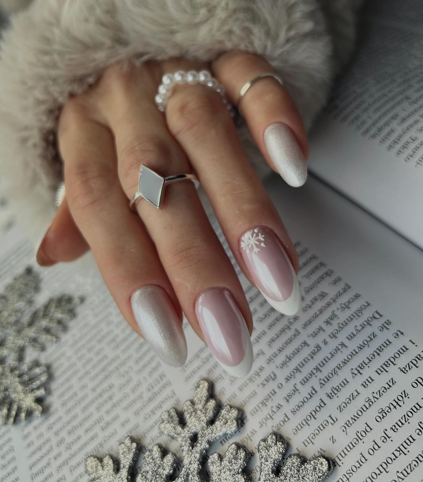 Classy Snowflake French Tip Almond Nails