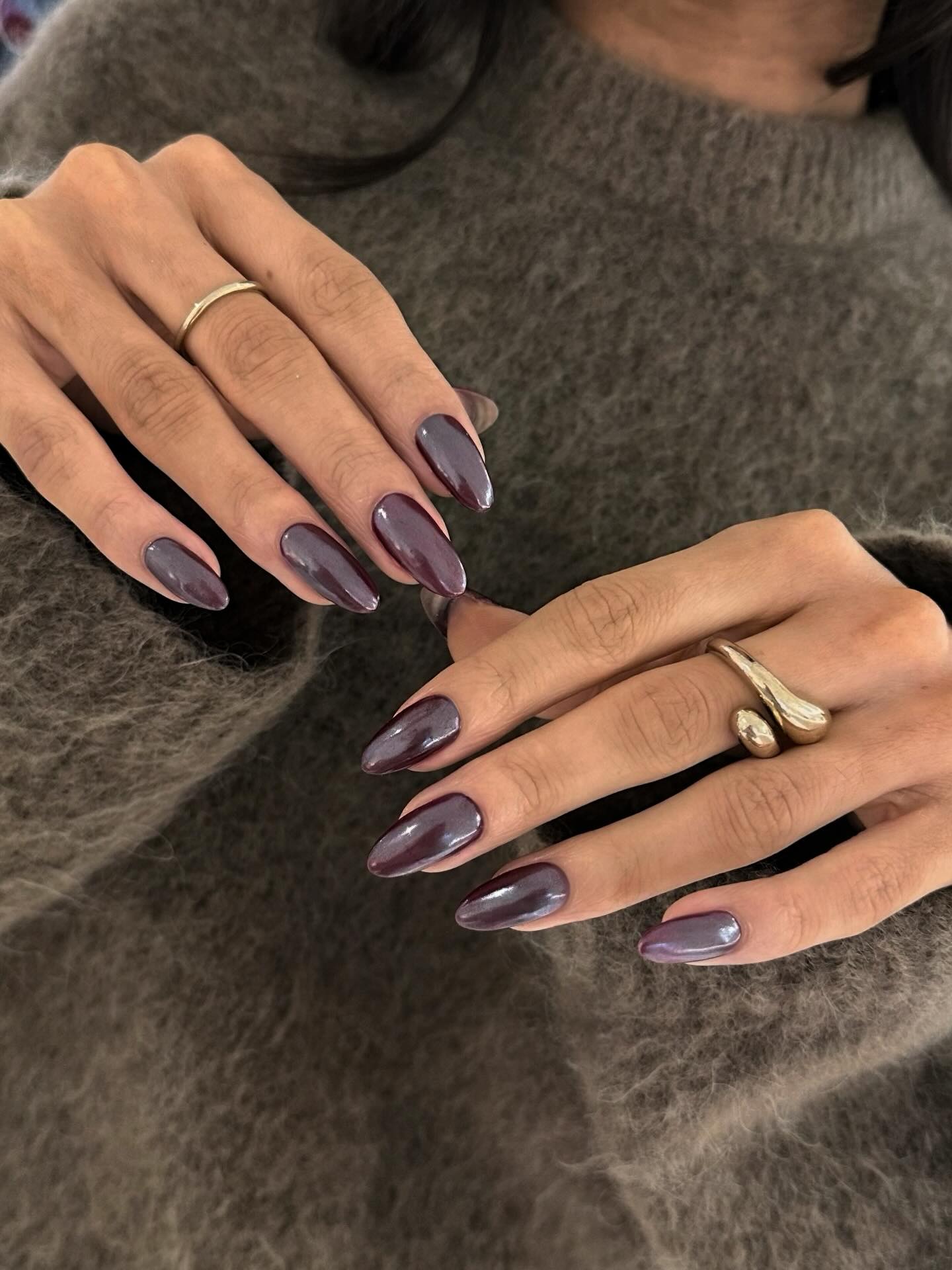 Deep Plum Cat Eye Almond Nails