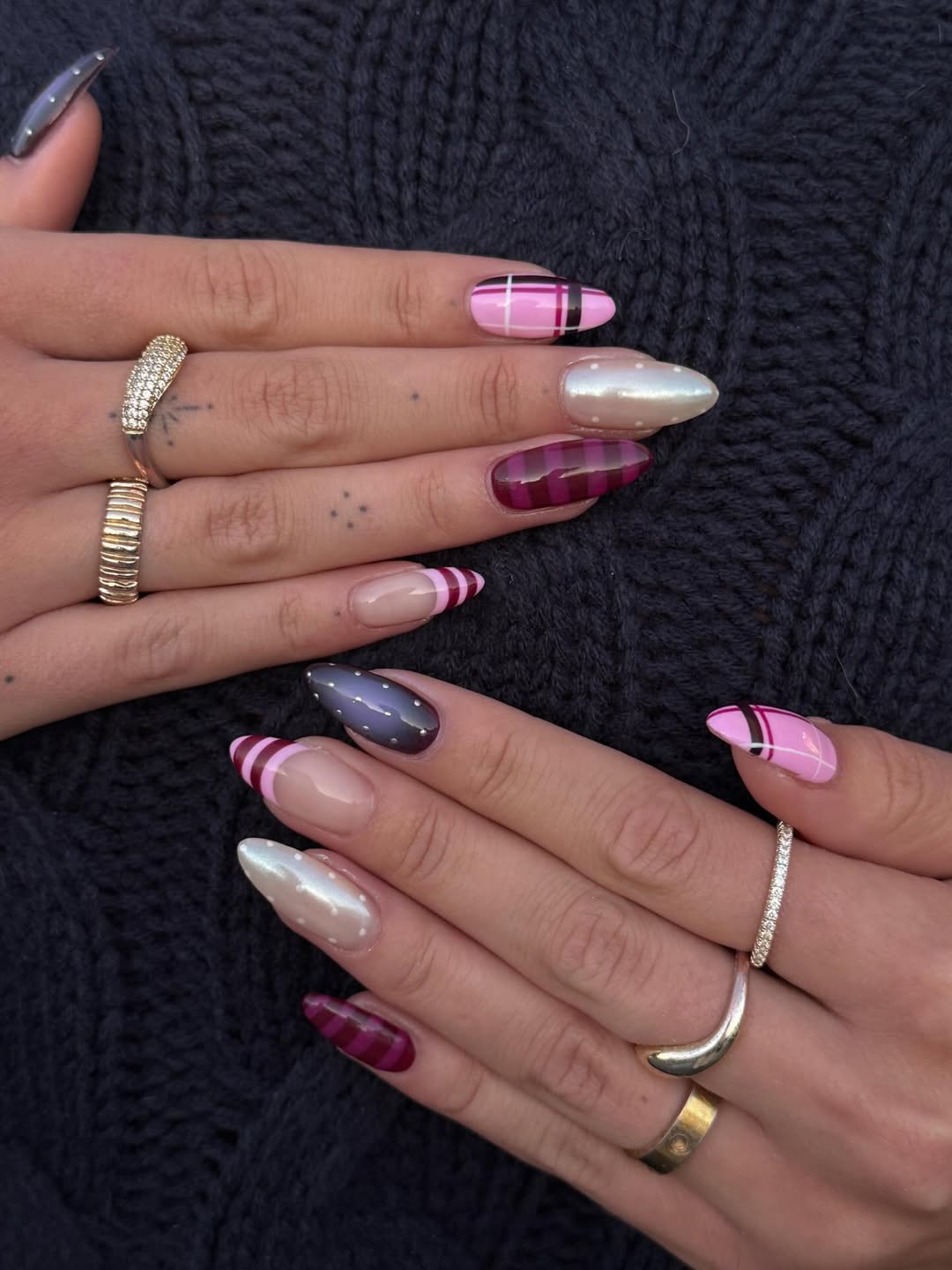 Winter Plaid And Chrome Almond Nail Art