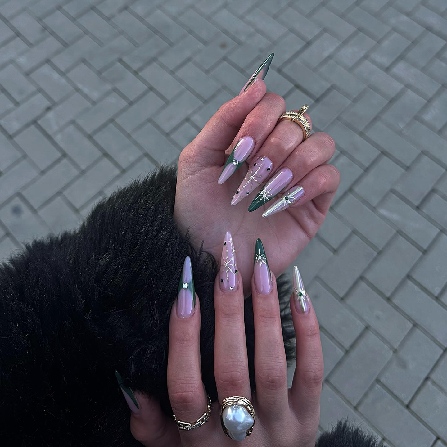 Emerald Green Stiletto Winter Nails With Snowflakes
