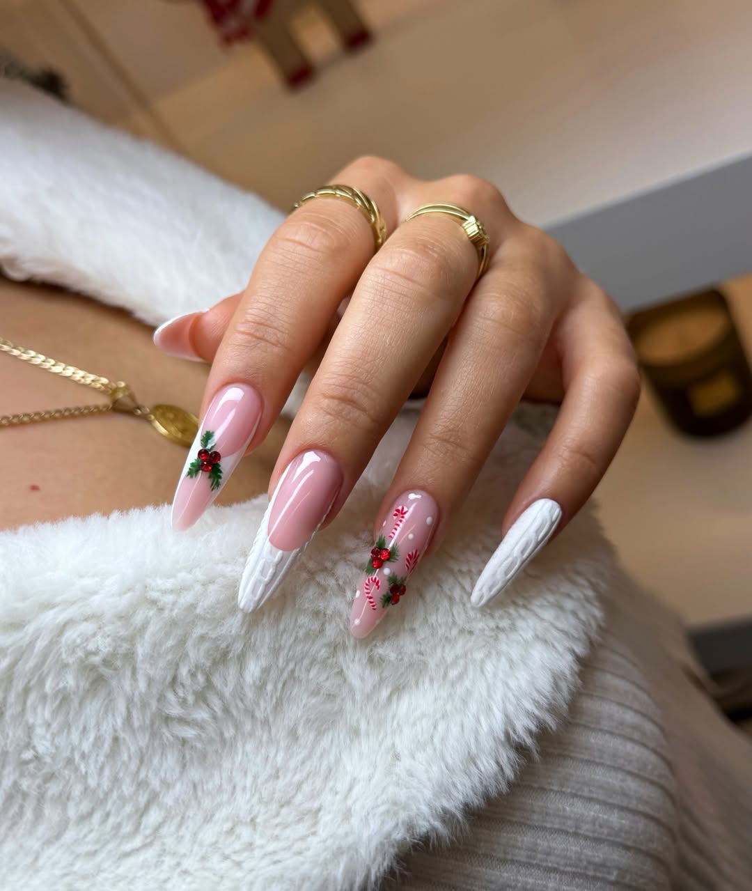 Festive Stiletto Nails With Hand Painted Christmas Art