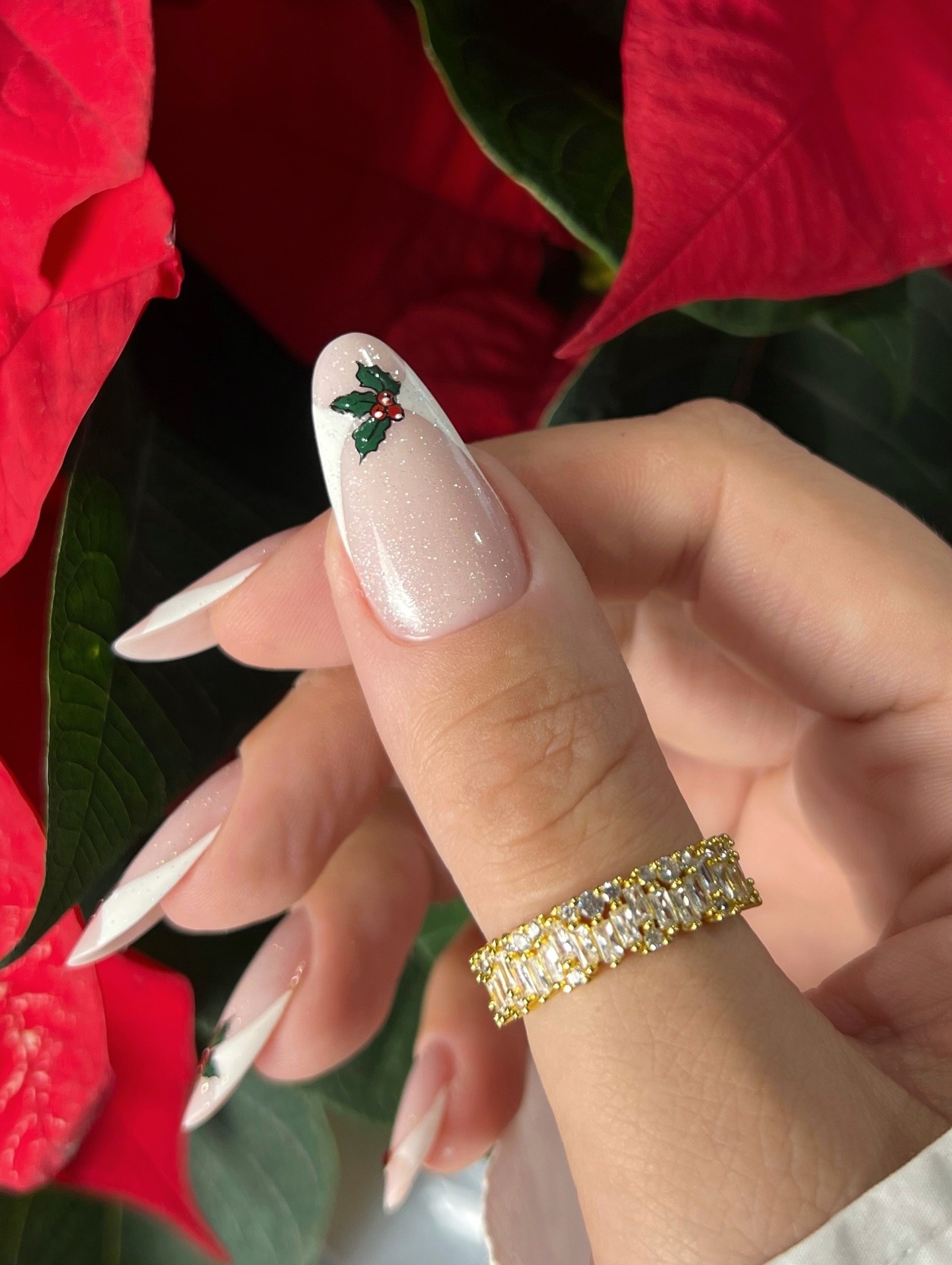 Shimmering French Tip Nails With Festive Holly Art