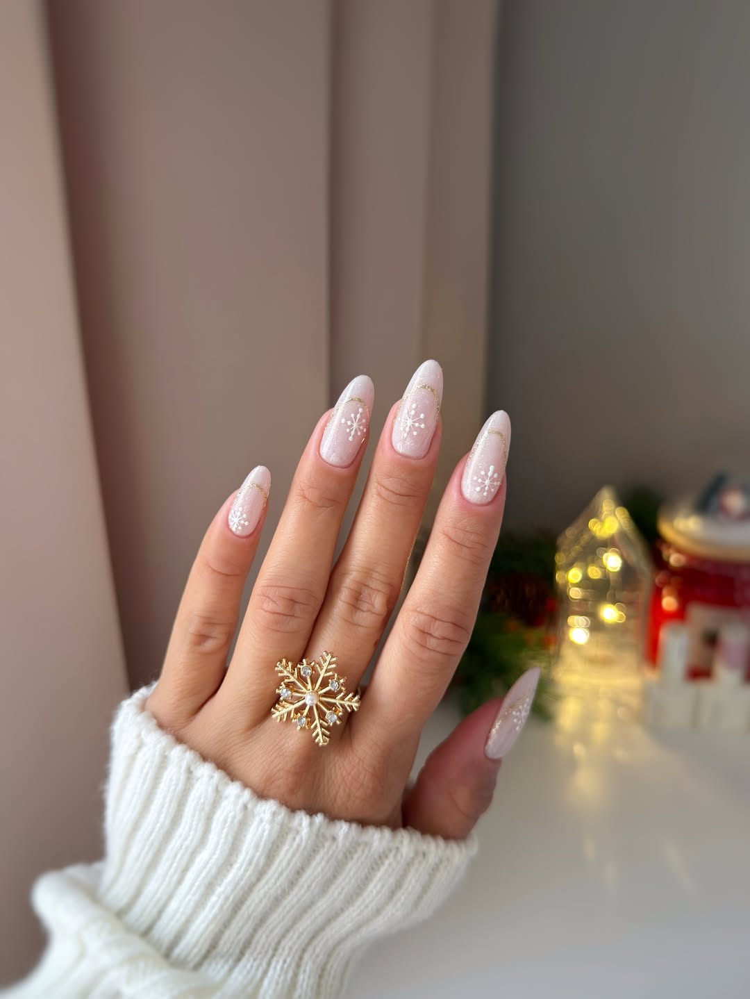 Glossy Milky White Almond Winter Snowflake Nails