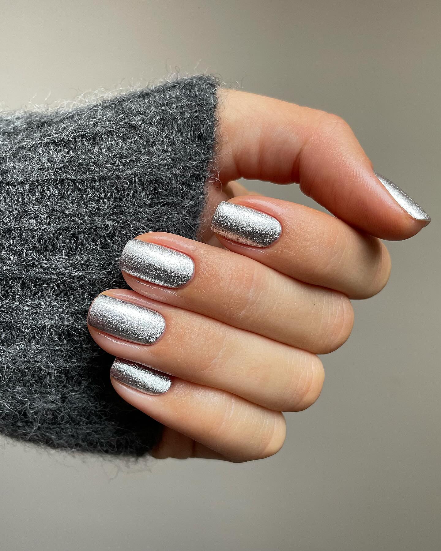 Icy Silver Glitter Short Square Nails